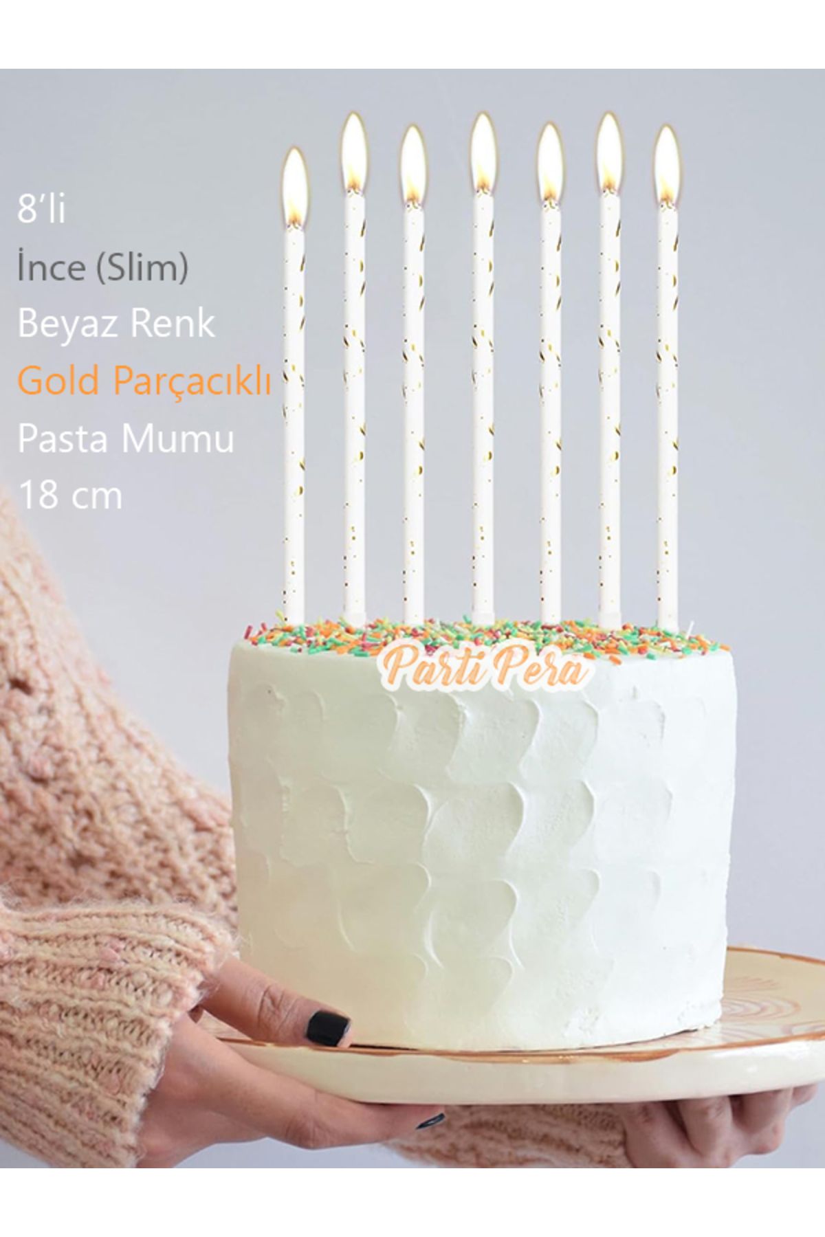 parti pera Uzun Beyaz ince Pasta Mumu Gold Simli 8 Adet 18 cm