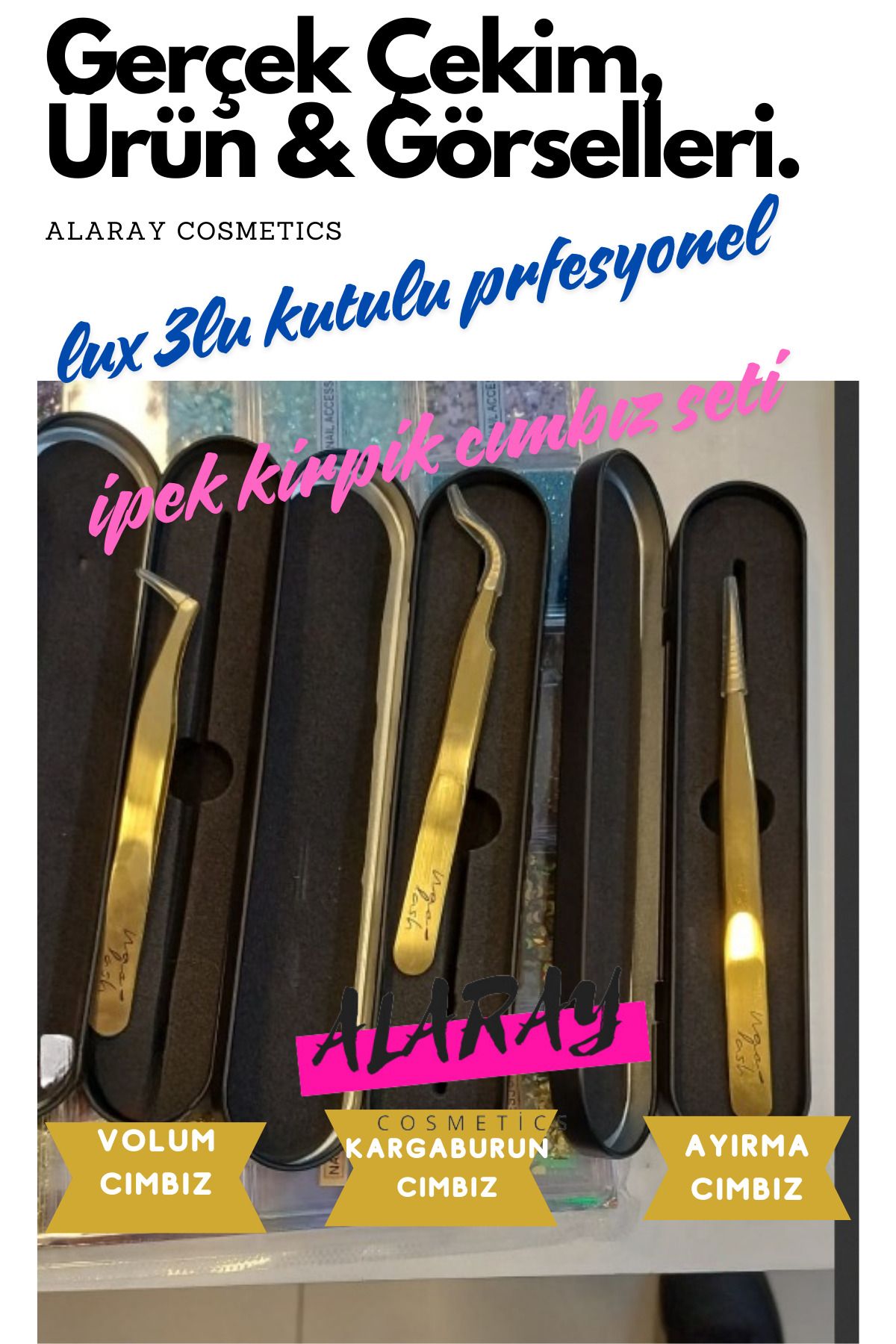 alaraycosmetics Prolüx Özel Metal Kutulu Gold Tasarım 3 Adet İpek Kirpik Tweezers Cımbız Set