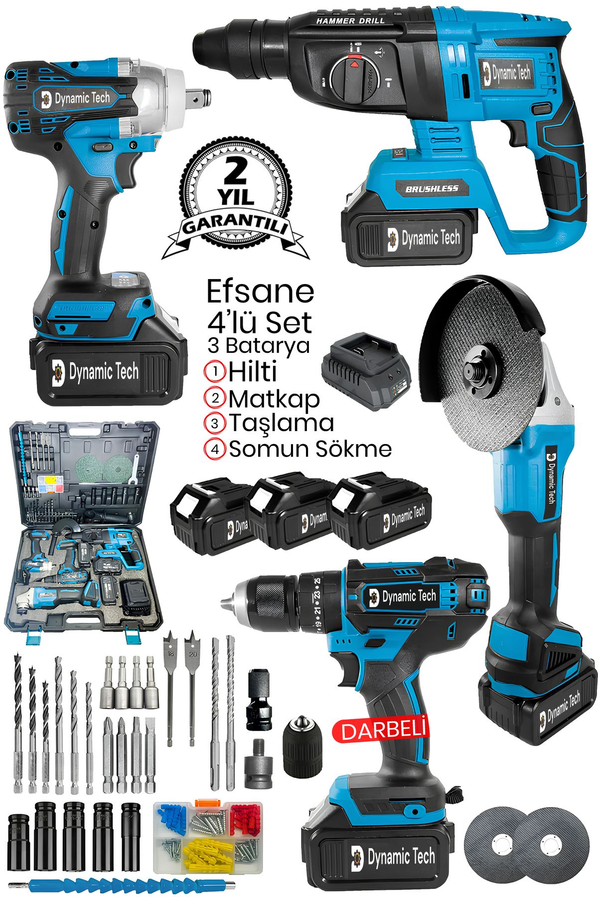 DynamicTech Profesyonel 3 Bataryalı Şarjlı 4'lü Set 2-26 Hilti - Taşlama - 13 mm Darbeli Matkap - Somun Sıkma