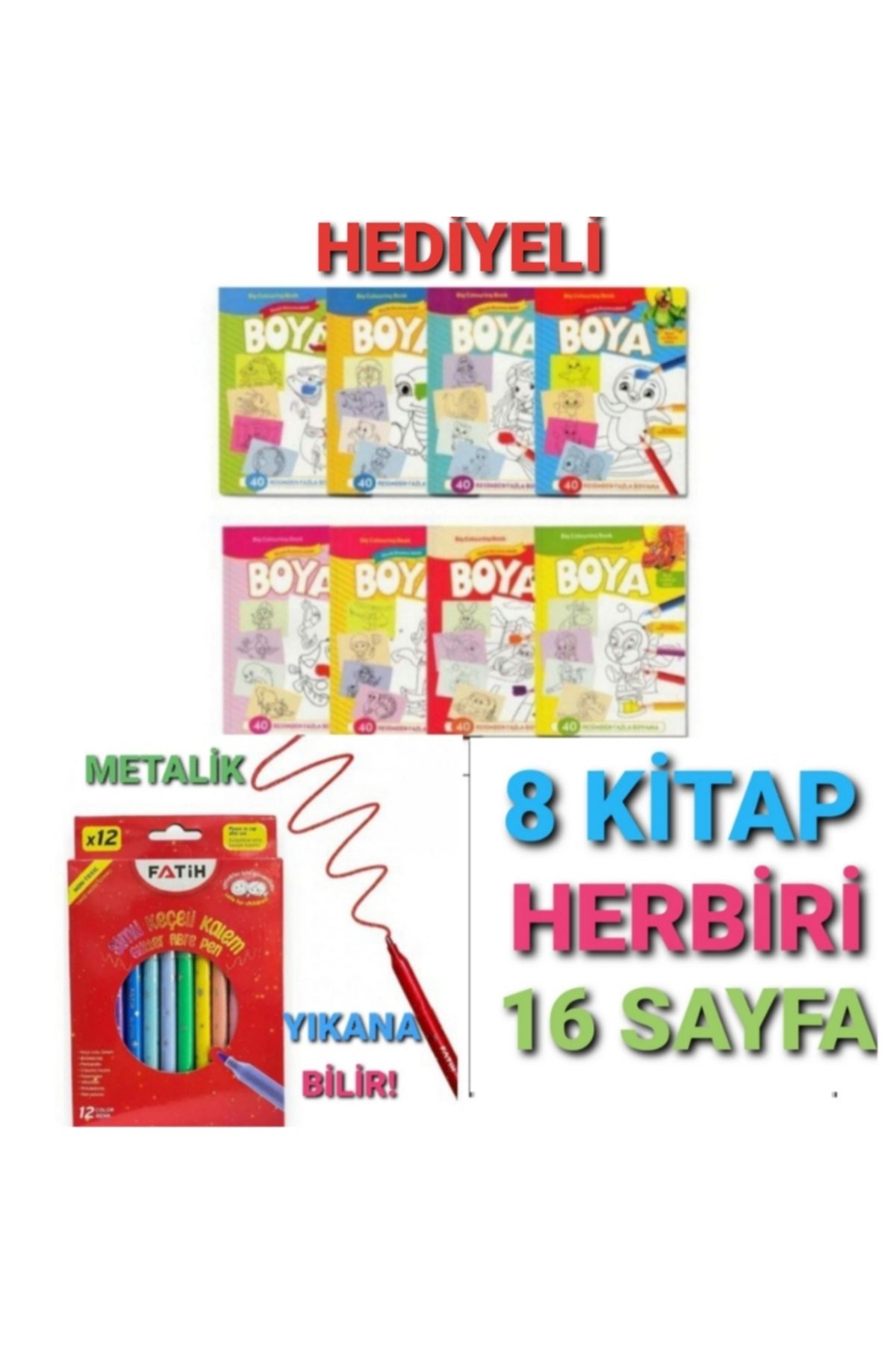 Yuka Kids Boyama Ki̇taplari 8 Ki̇tap + Yikanabi̇li̇r 12 Renk Simli Boya Kalemi Hedi̇yeli̇