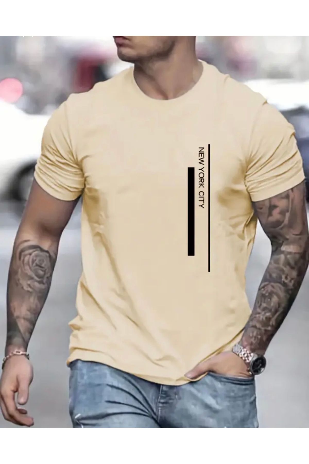 AMOR FACE BÜYÜK BEDEN ÖZEL TASARIM NEW YORK CİTY PARALEL BASKILI MODERN BATTAL ERKEK T-SHIRT