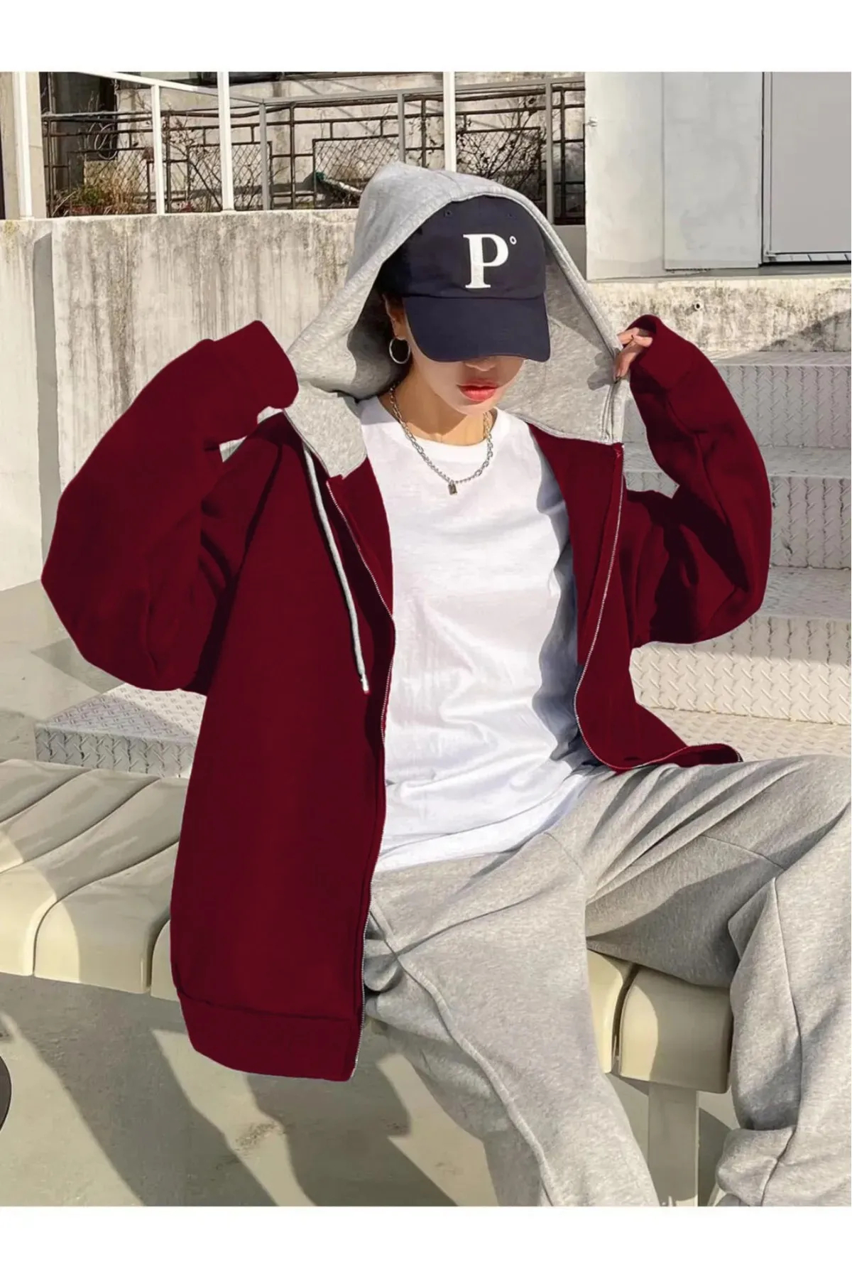 Çift Renk Büyük Beden Baskısız 3 iplik Oversize Ceket - Hırka — زرشکی TYCXP7S1HN173669548699632 — تصویر 3 از 3