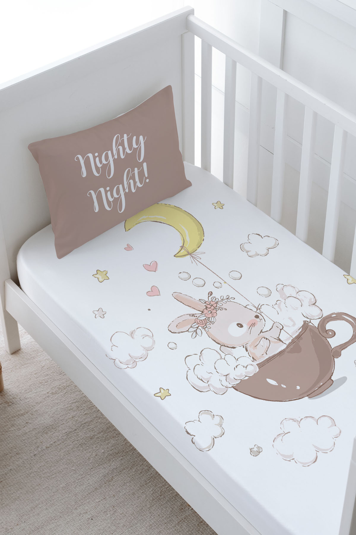 Tuğba Kuğu Bebek Boy Lastikli Çarşaf Seti - Pure Baby Serisi - Bir Fincanda Tavşan fotoğrafı 2 (önizleme)