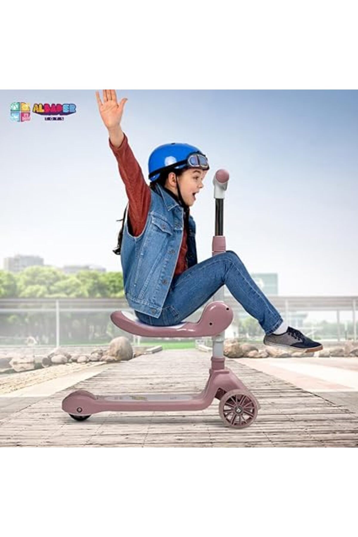 ALBADER-3 in 1 Kick Scooter, Height-Adjustable Foldable Scooter Anti-Slip Deck, Manual Scooter 5