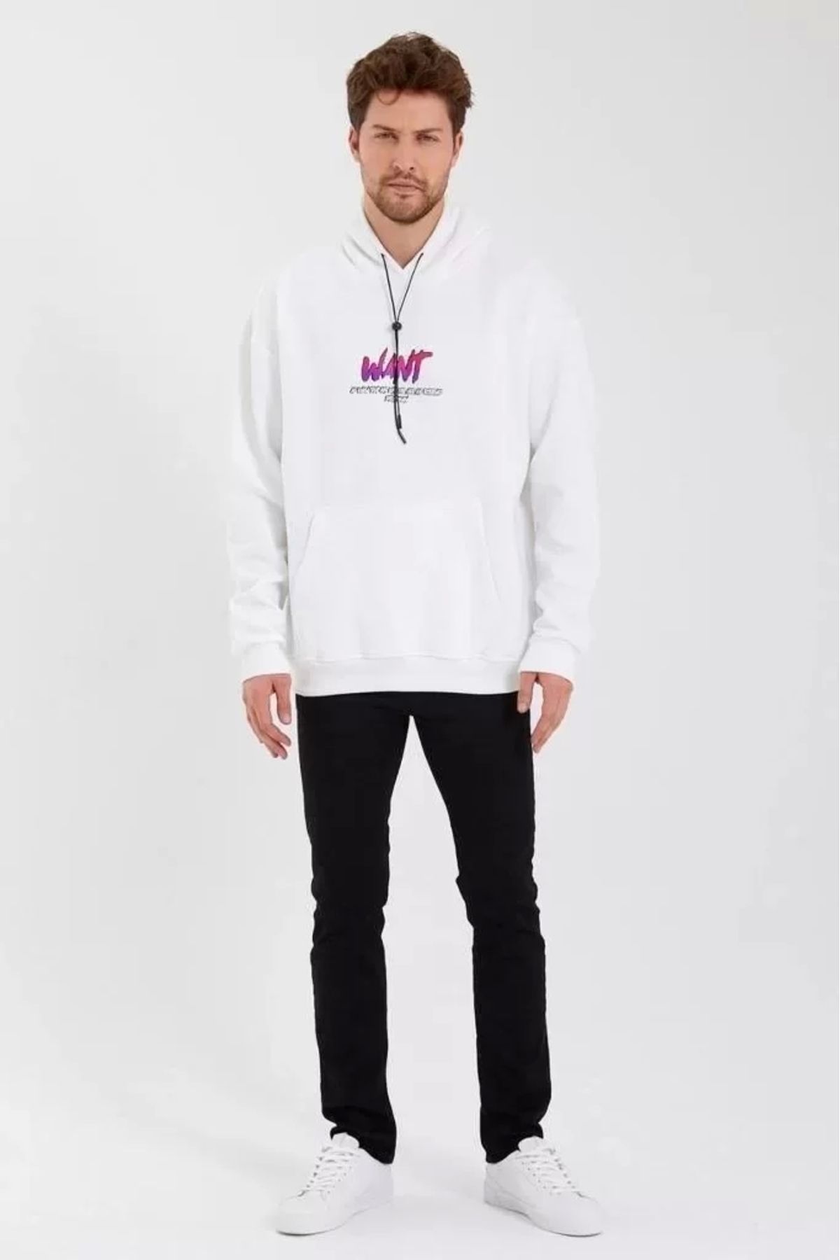 AE Stil Erkek Baskılı Üç İplik Kapüşonlu Oversize Sweatshirt - Beyaz