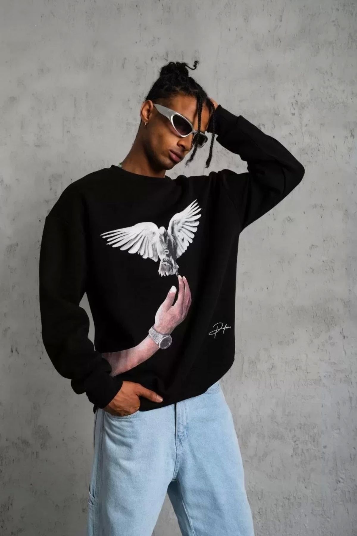AE Stil Erkek Güvercin Baskılı Sweatshirt - Siyah