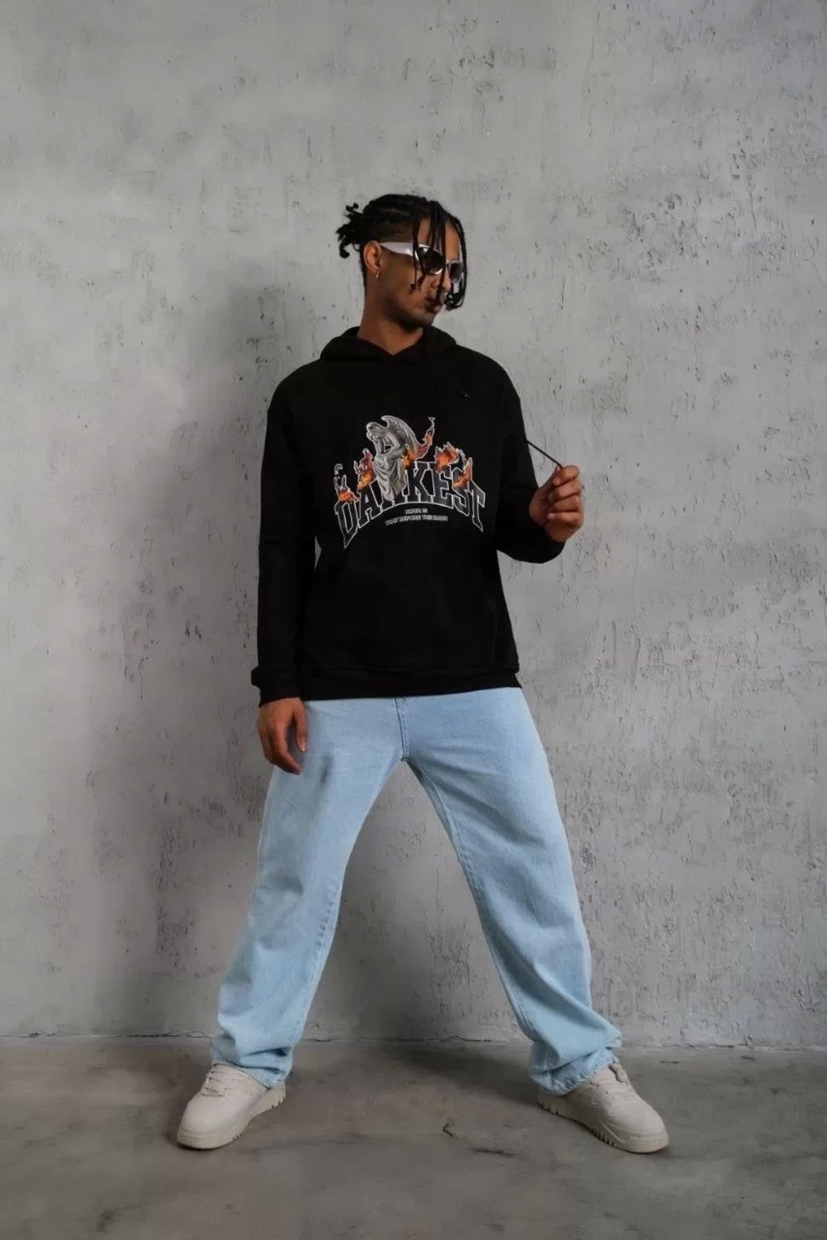 AE Stil Erkek DANKES Baskılı Kapüşonlu Sweat - Siyah