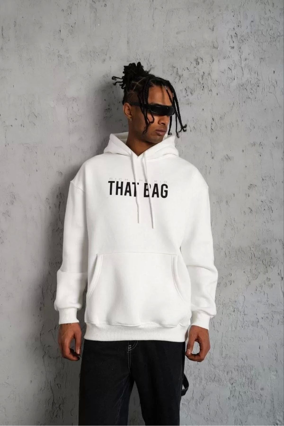 AE Stil Erkek Kanguru Cep Baskılı Kapüşonlu Sweatshirt - Beyaz