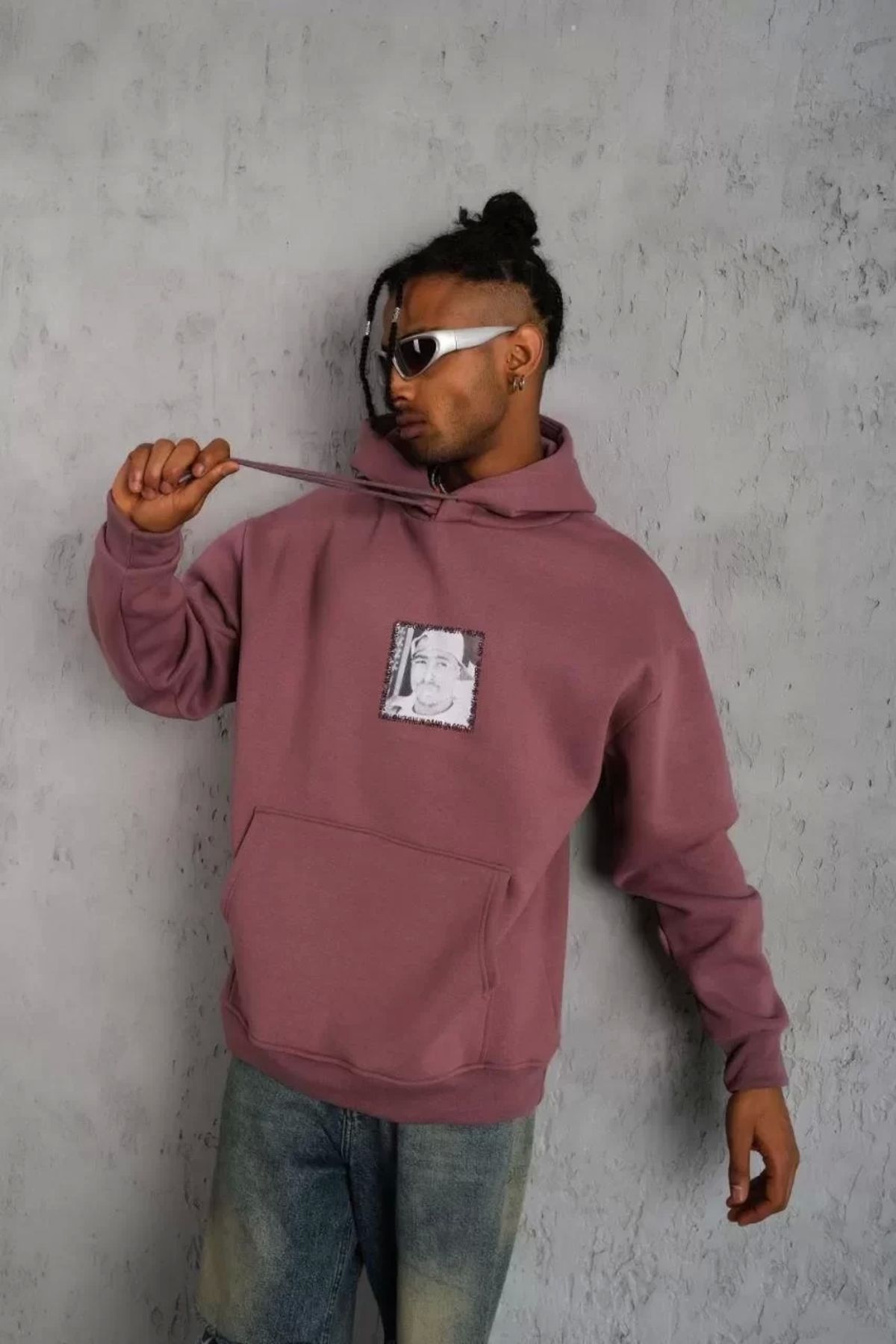 AE Stil Erkek Ön Arka Baskılı Kapşonlu Sweat - Gül Kurusu