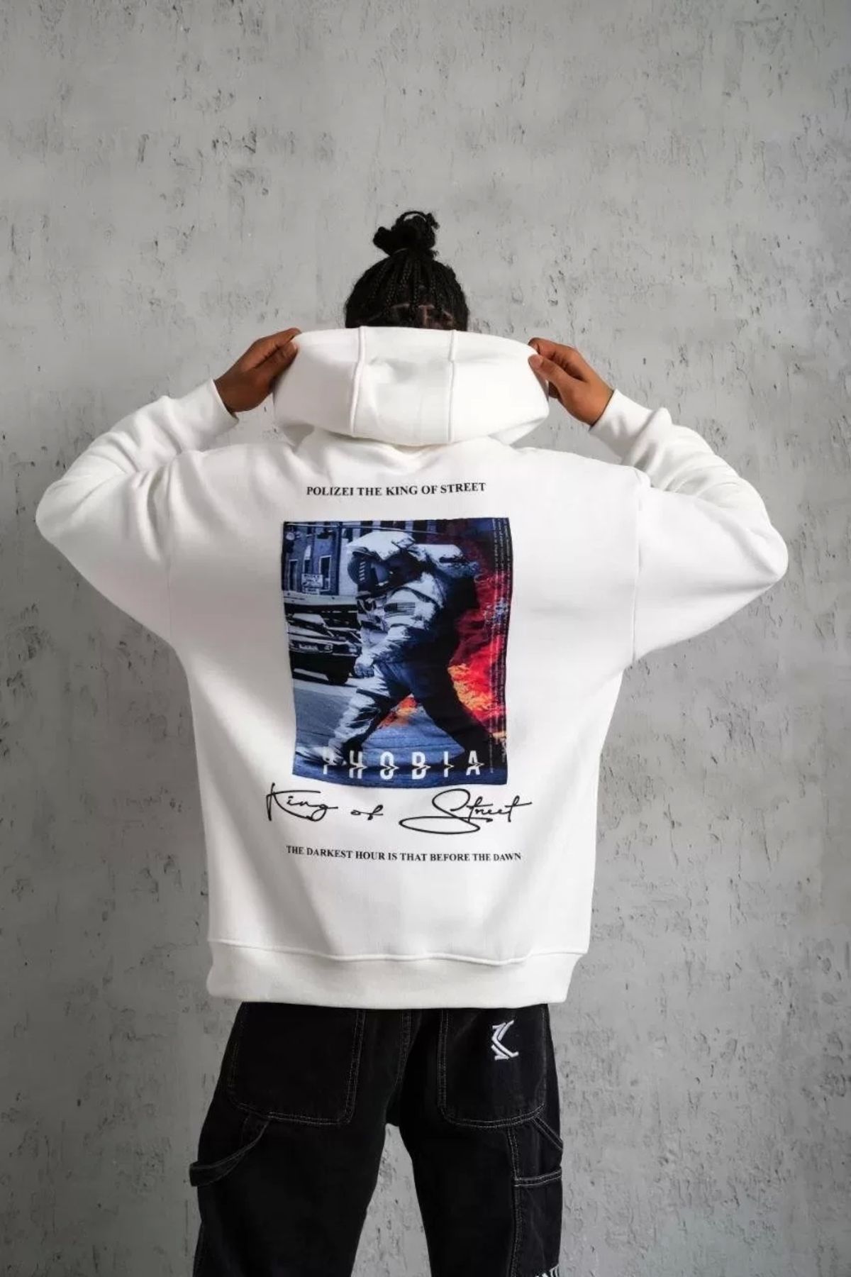 AE Stil Erkek Astronot Baskılı Kapüşonlu Sweat - Beyaz