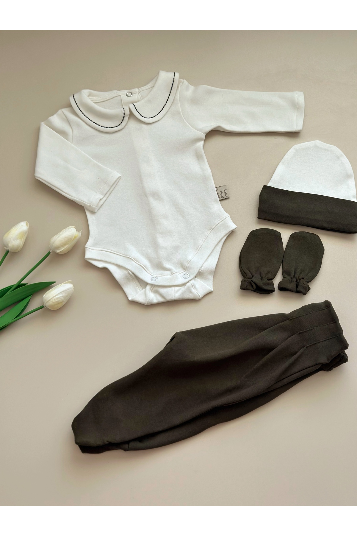 Mama Miel Baby Haki Hastane Çıkışı Set (Body, Pantolon, Bere, Eldiven) fotoğrafı 2 (önizleme)