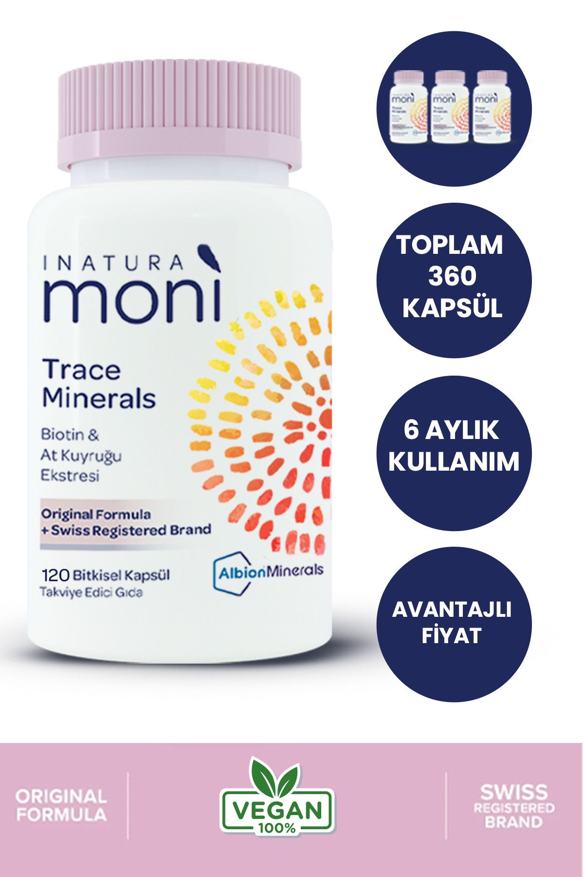 Inatura Moni 3'lü 360 Vegan Kapsül Trace Minerals Biotin 5000, Krom, Çinko, Bakır, Selenyum, At Kuyruğu