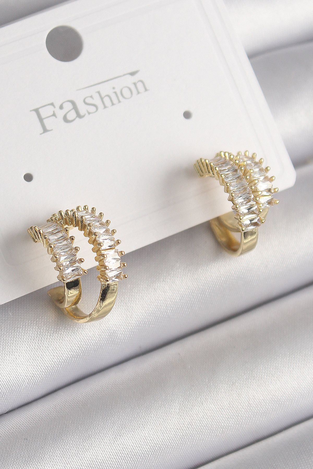 New Things Pirinç Gold Renk 2 Li Zirkon Taşlı Halka Model Kadın Küpe