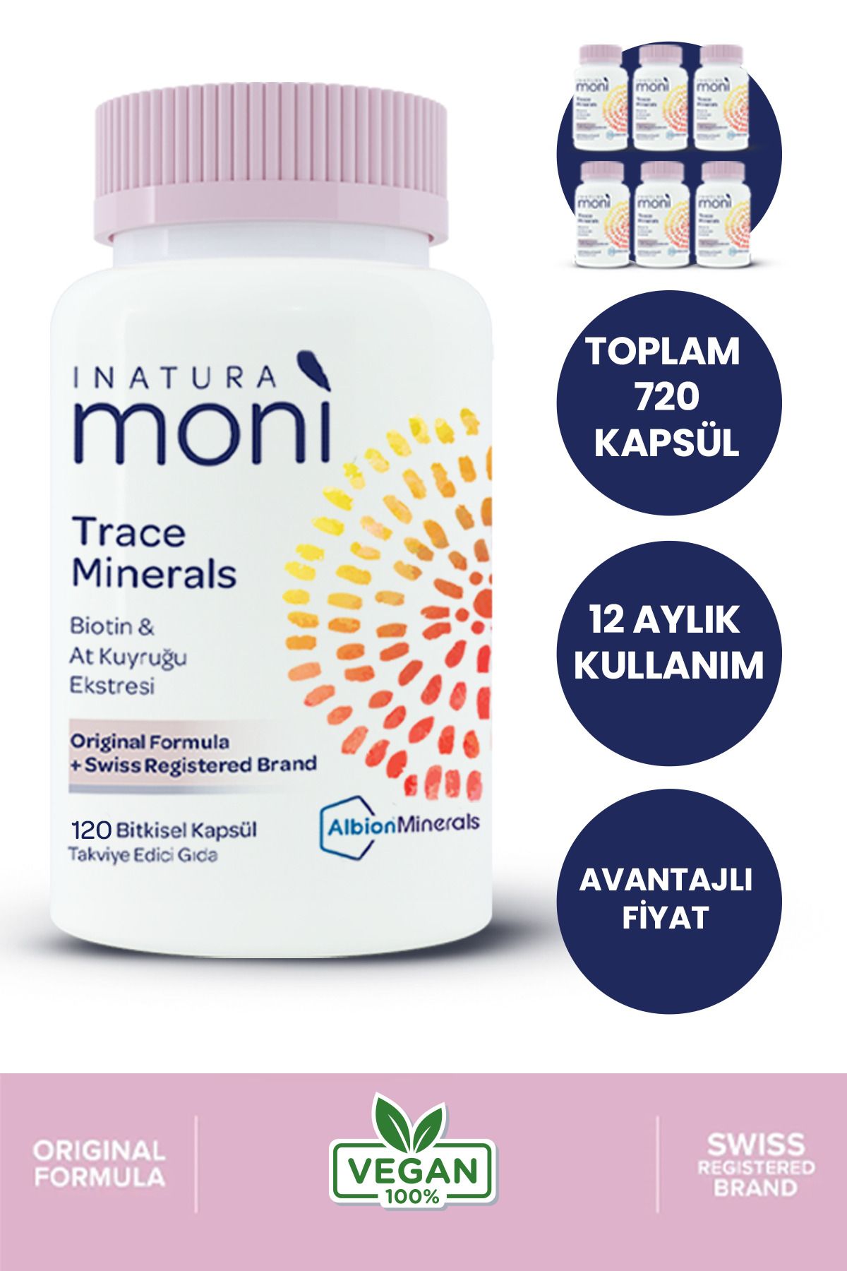 Inatura Moni 6'lı 720 Vegan Kapsül Trace Minerals Biotin 5000, Krom, Çinko, Bakır, Selenyum, At Kuyruğu