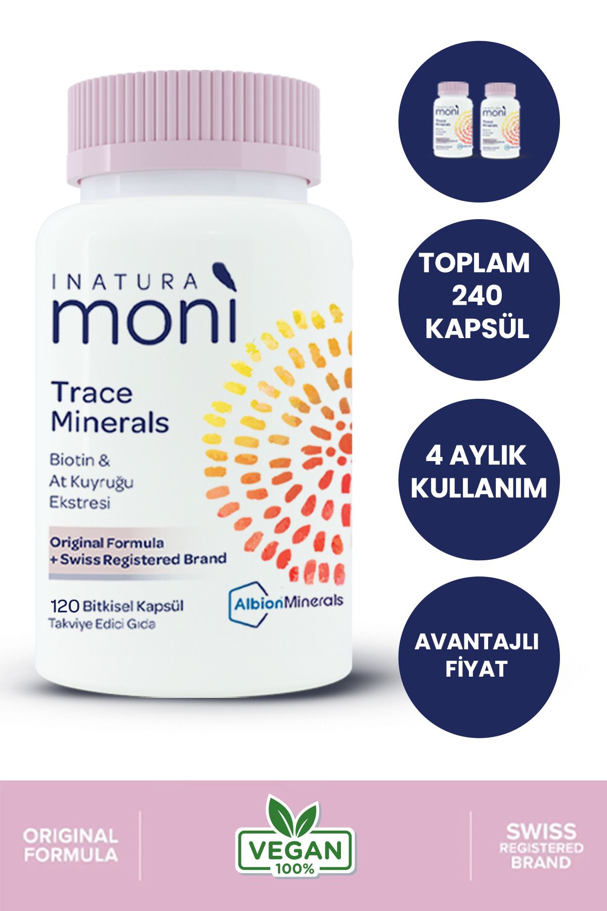 Inatura Moni 2'li 240 Vegan Kapsül Trace Minerals Biotin 5000, Krom, Çinko, Bakır, Selenyum, At Kuyruğu