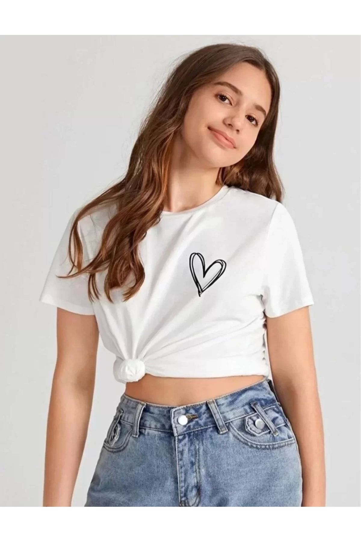 AE Stil Kız Çocuk Bisiklet Yaka Baskılı T-Shirt - Beyaz
