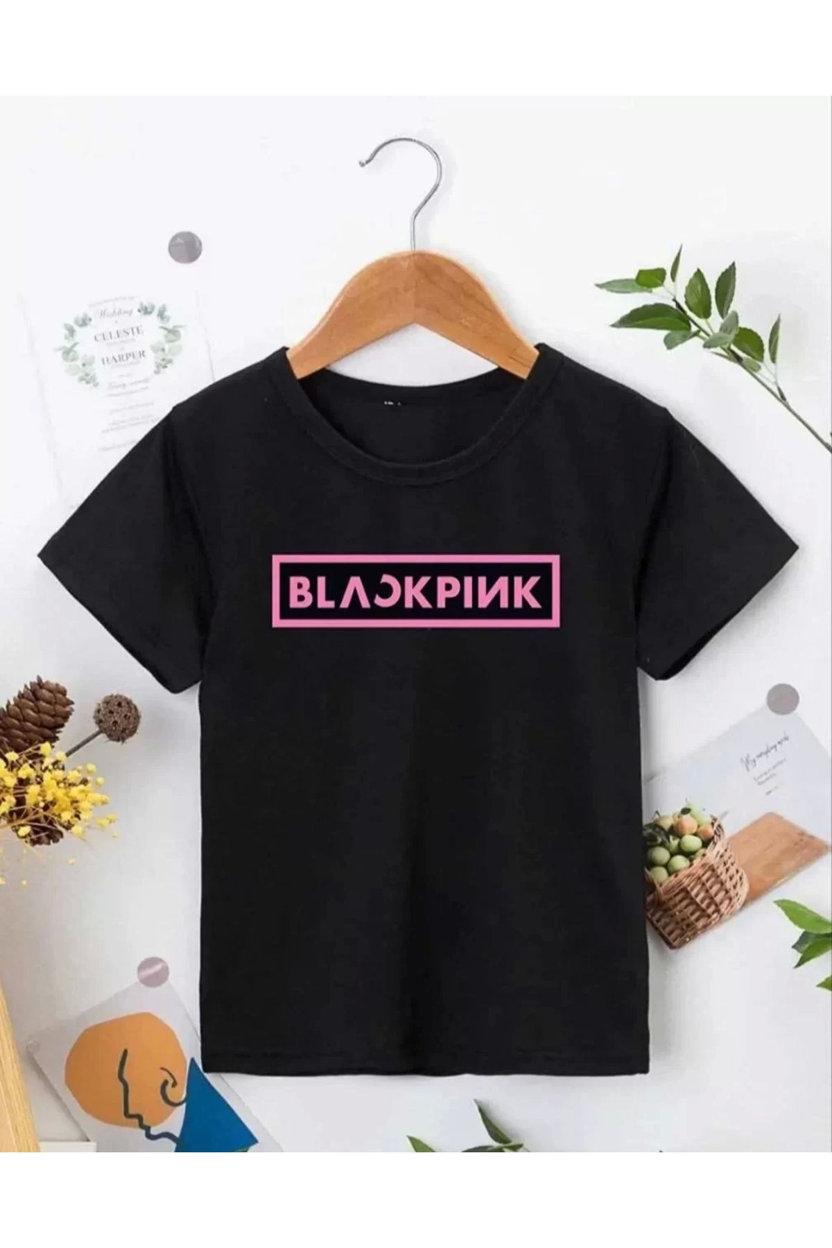 AE Stil Kız Çocuk Bisiklet Yaka Baskılı T-Shirt - Siyah