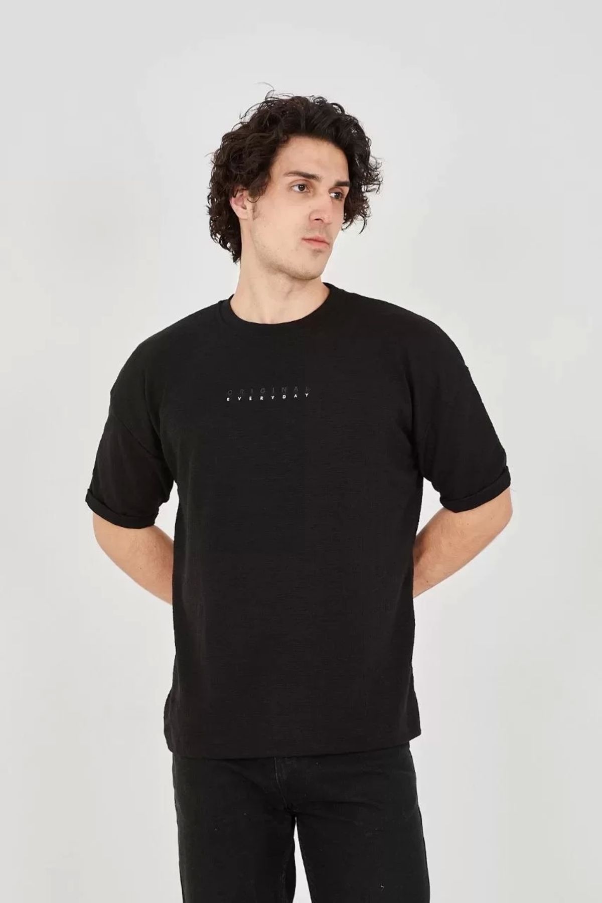 AE Stil Unisex Jakar Kumaş Rahat Kol T-Shirt - Siyah