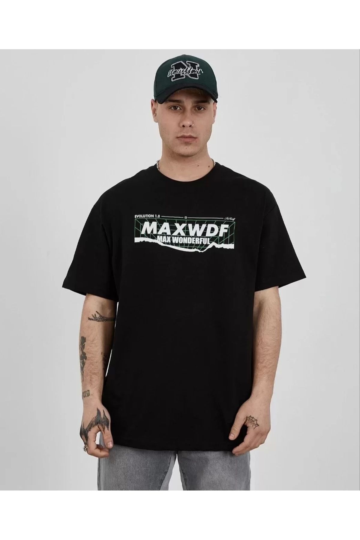 AE Stil Unisex Bisiklet Yaka Baskılı Oversize T-Shirt - Siyah