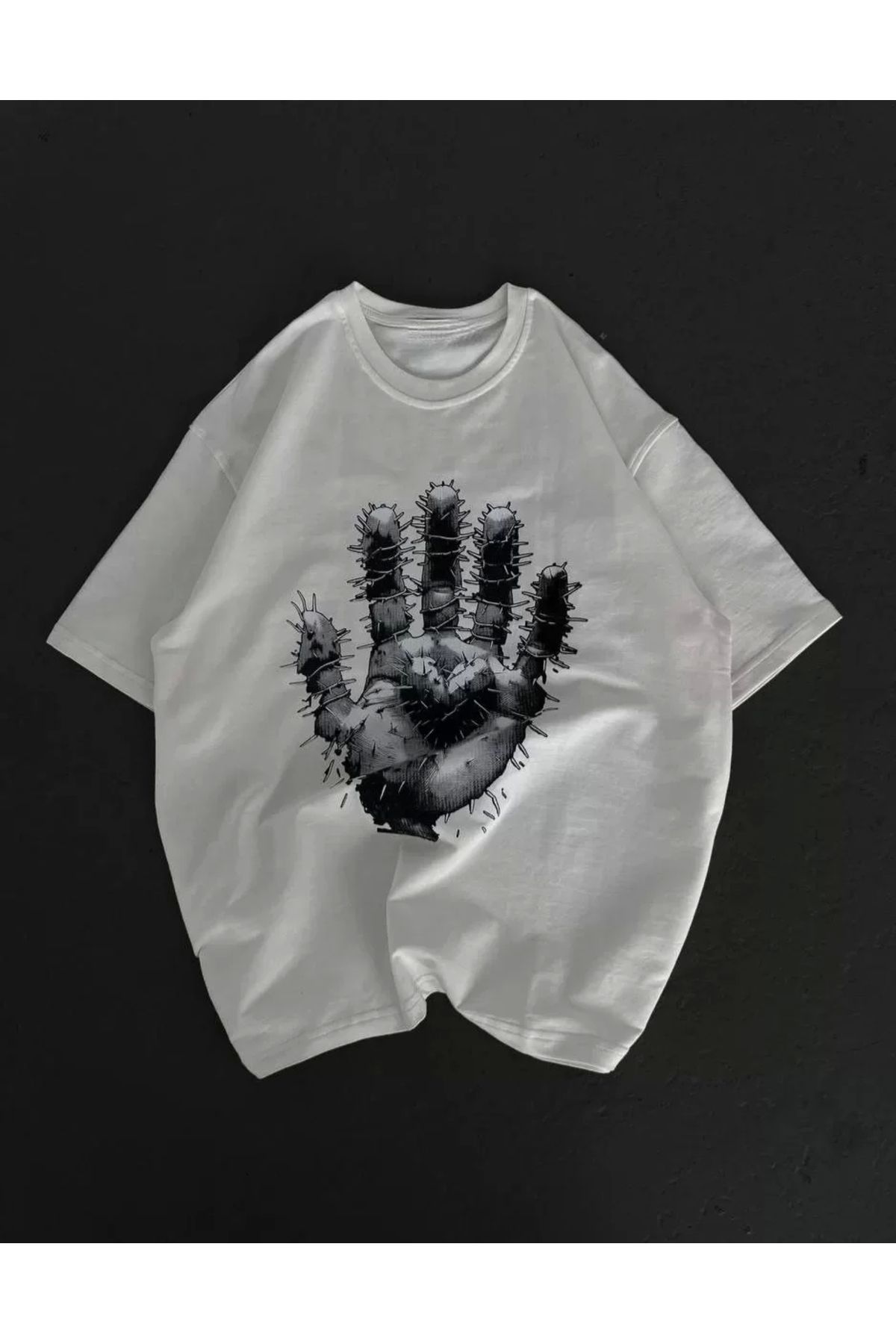 AE Stil Unisex Bisiklet Yaka Baskılı Oversize T-Shirt - Beyaz