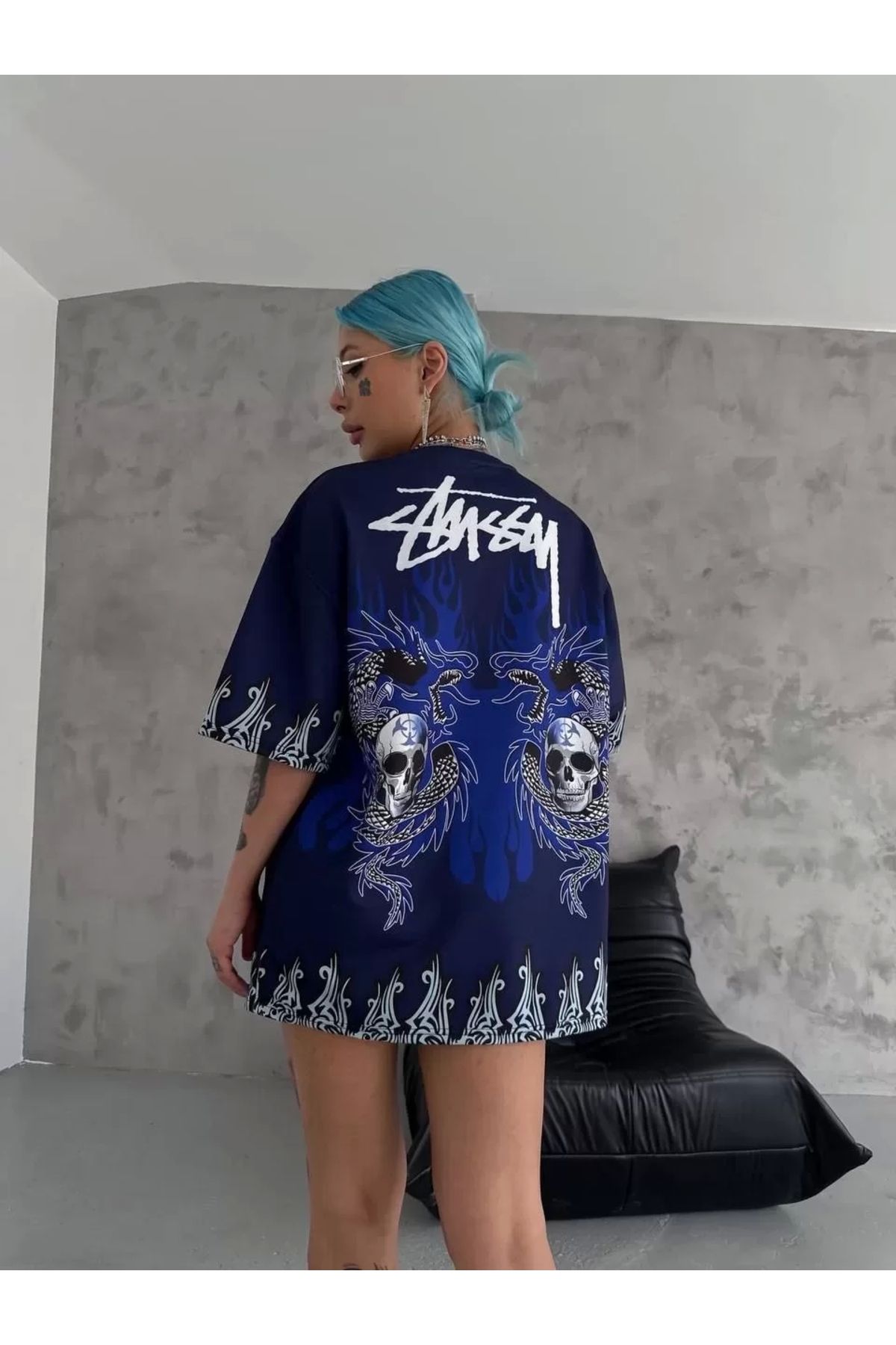 AE Stil Unisex Bisiklet Yaka Baskılı Oversize T-Shirt - Lacivert
