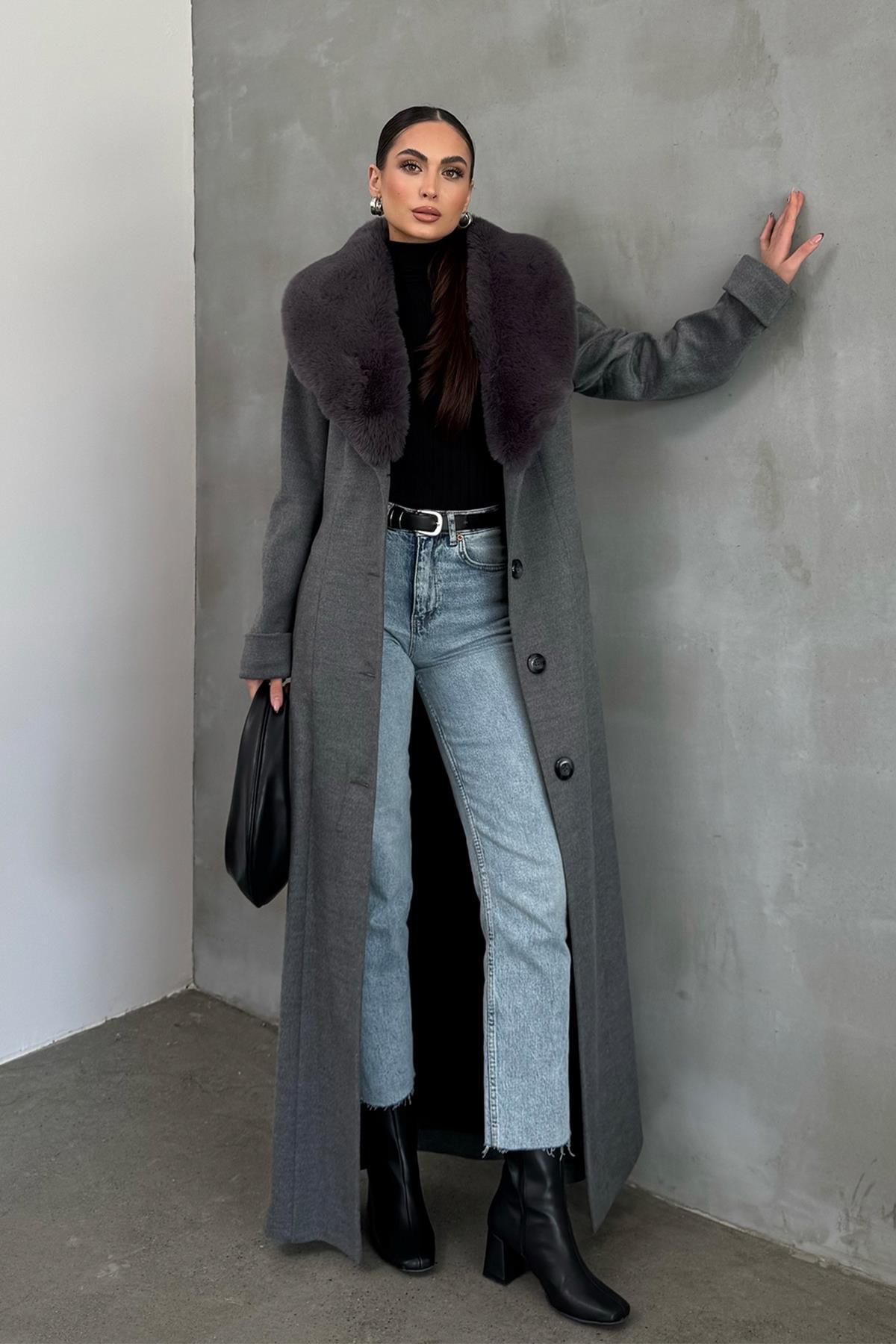 Olcay  Çıkabilen Kürklü Erkek Yaka Belden Kuşaklı Manto KOYU GRİ 3015-Y - Görsel 3