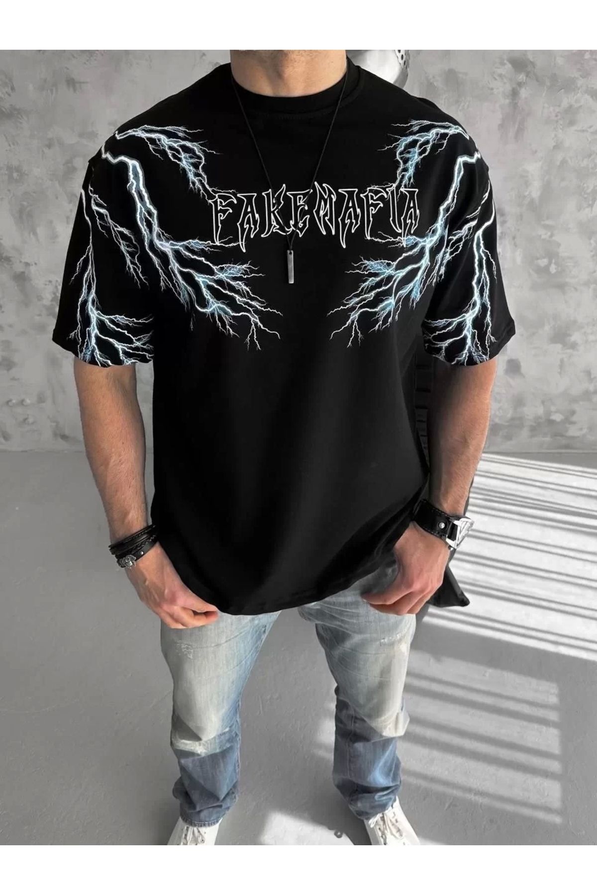 AE Stil Unisex Bisiklet Yaka Baskılı Oversize T-Shirt - Siyah