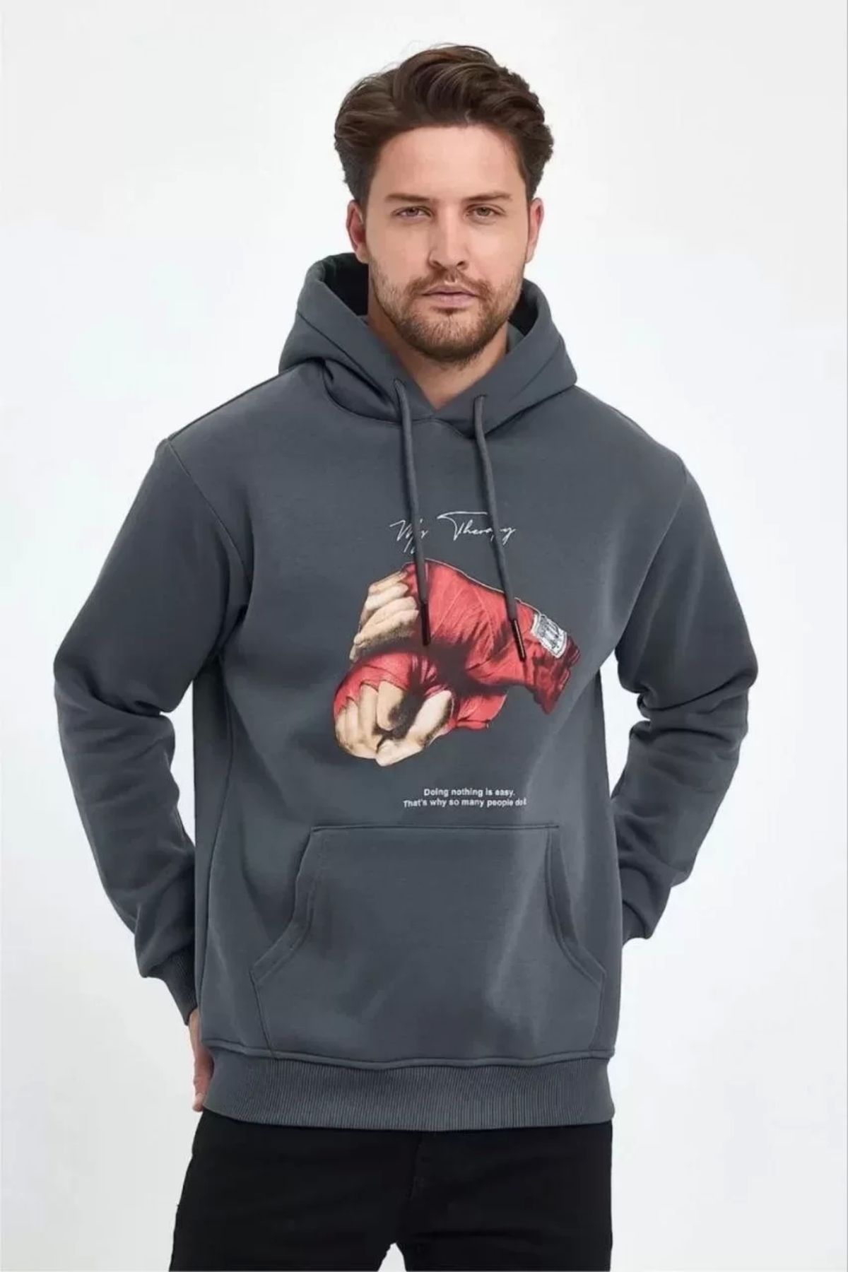 AE Stil Unisex Kapüşonlu Üç İplik Oversize Baskılı Sweatshirt - Gri