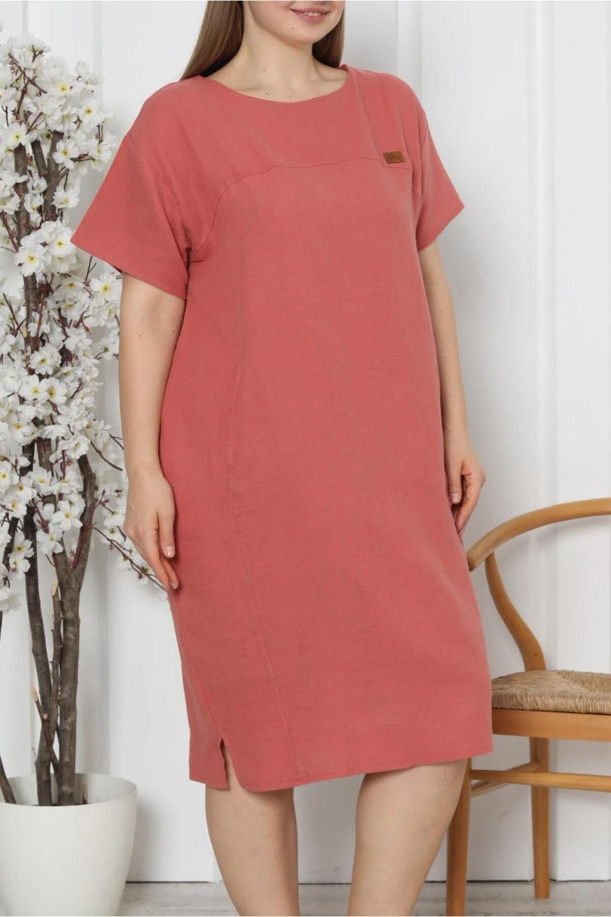 Nicoletta-Short Sleeve Large Size Linen Tunic with Pockets - TILE 2