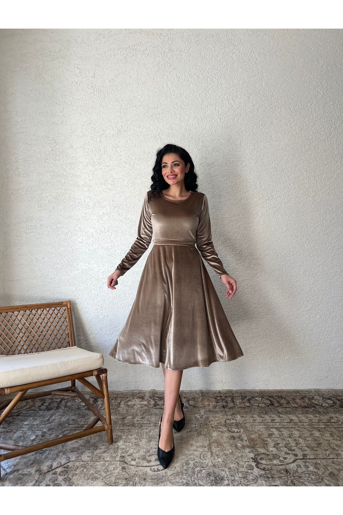 KÜÇÜĞÜM BUTİK-Beige Short Flared Velvet Dress 4