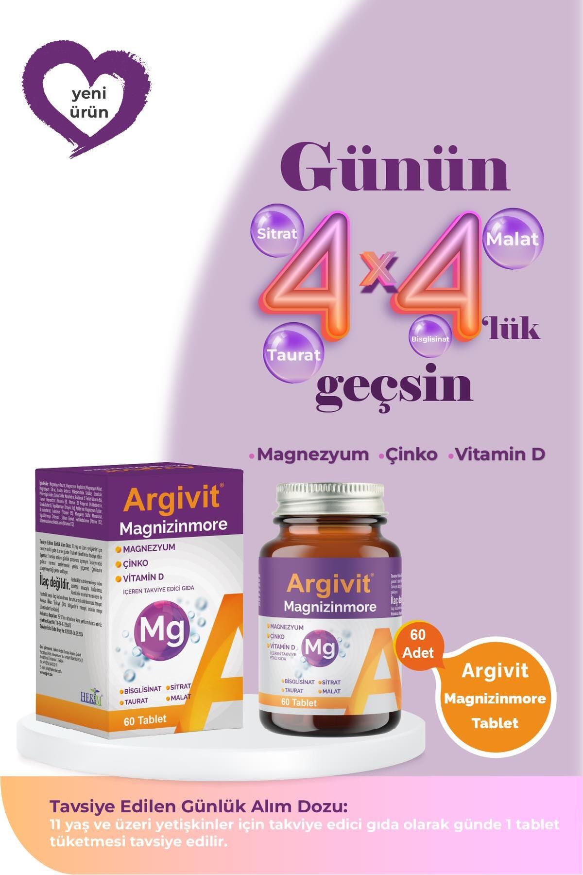 Argivit Magnizinmore Magnezyum, Çinko Ve Vitamin D Içeren Takviye Edici Gıda 60 Tablet