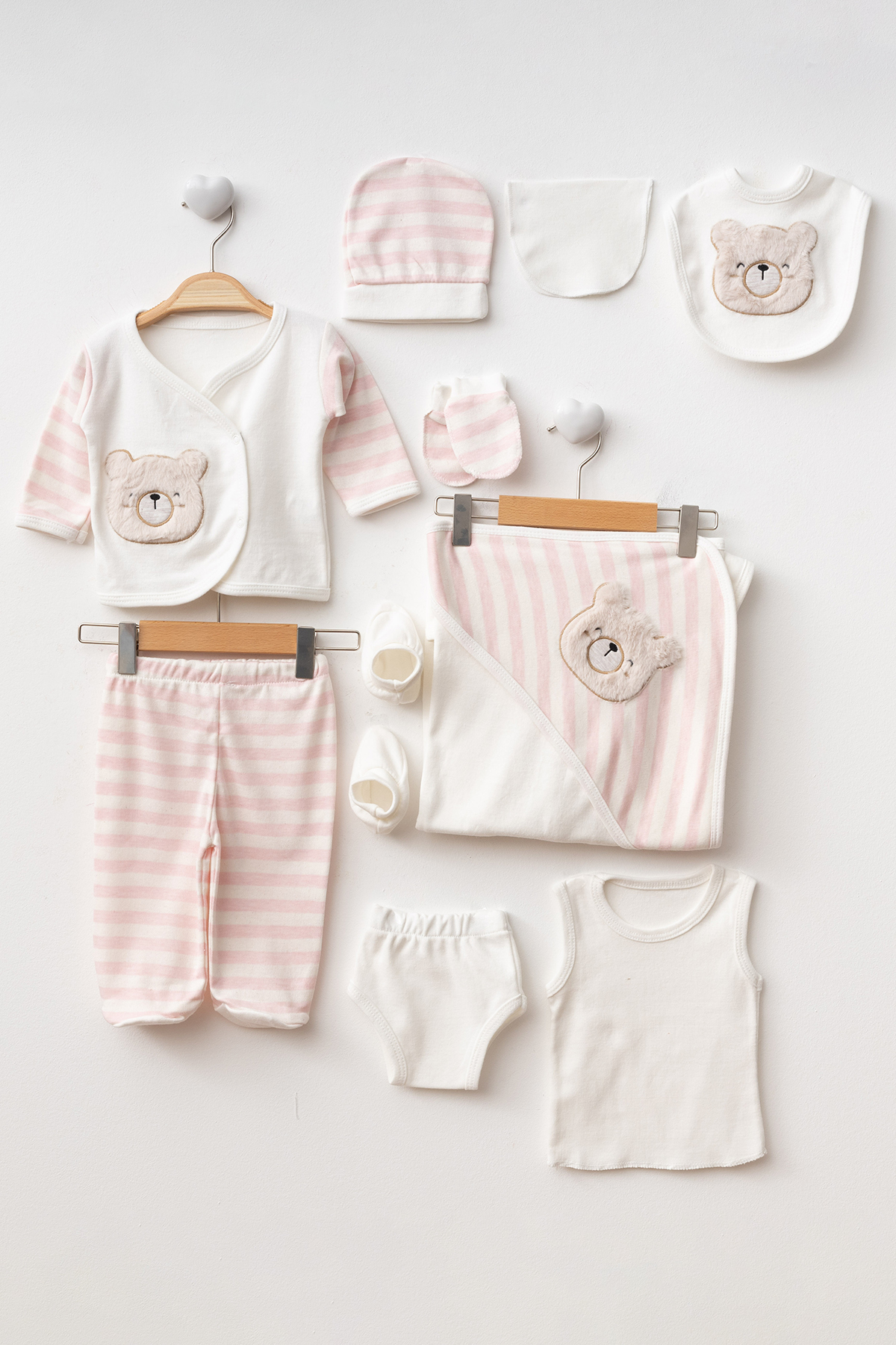 Petite Ponpon Baby One Size Çizgili Ayıcık Detaylı Yenidoğan Kız Bebek Pembe Hastane Çıkış Seti 10 Parça fotoğrafı 2 (önizleme)