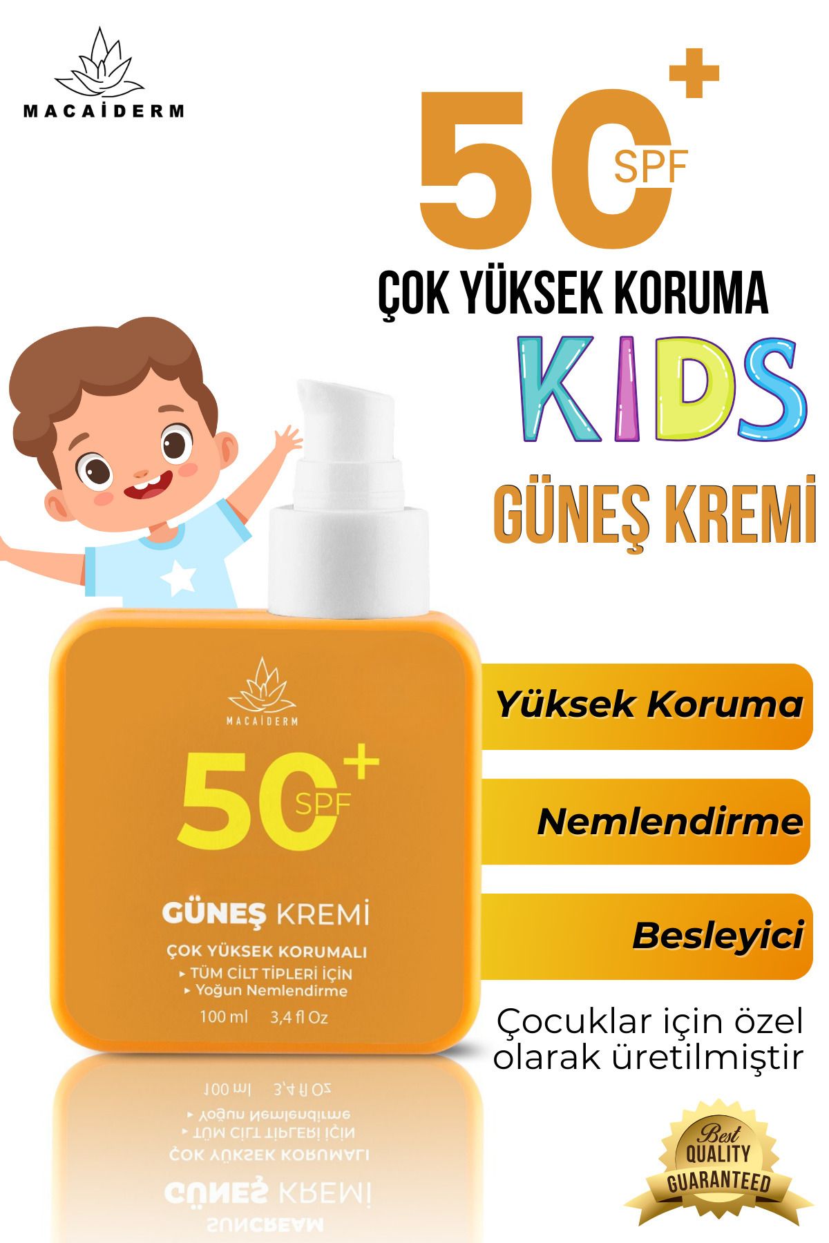 Macaiderm 50 SPF Yüksek Korumalı Çocuklara Özel Kids Güneş Kremi