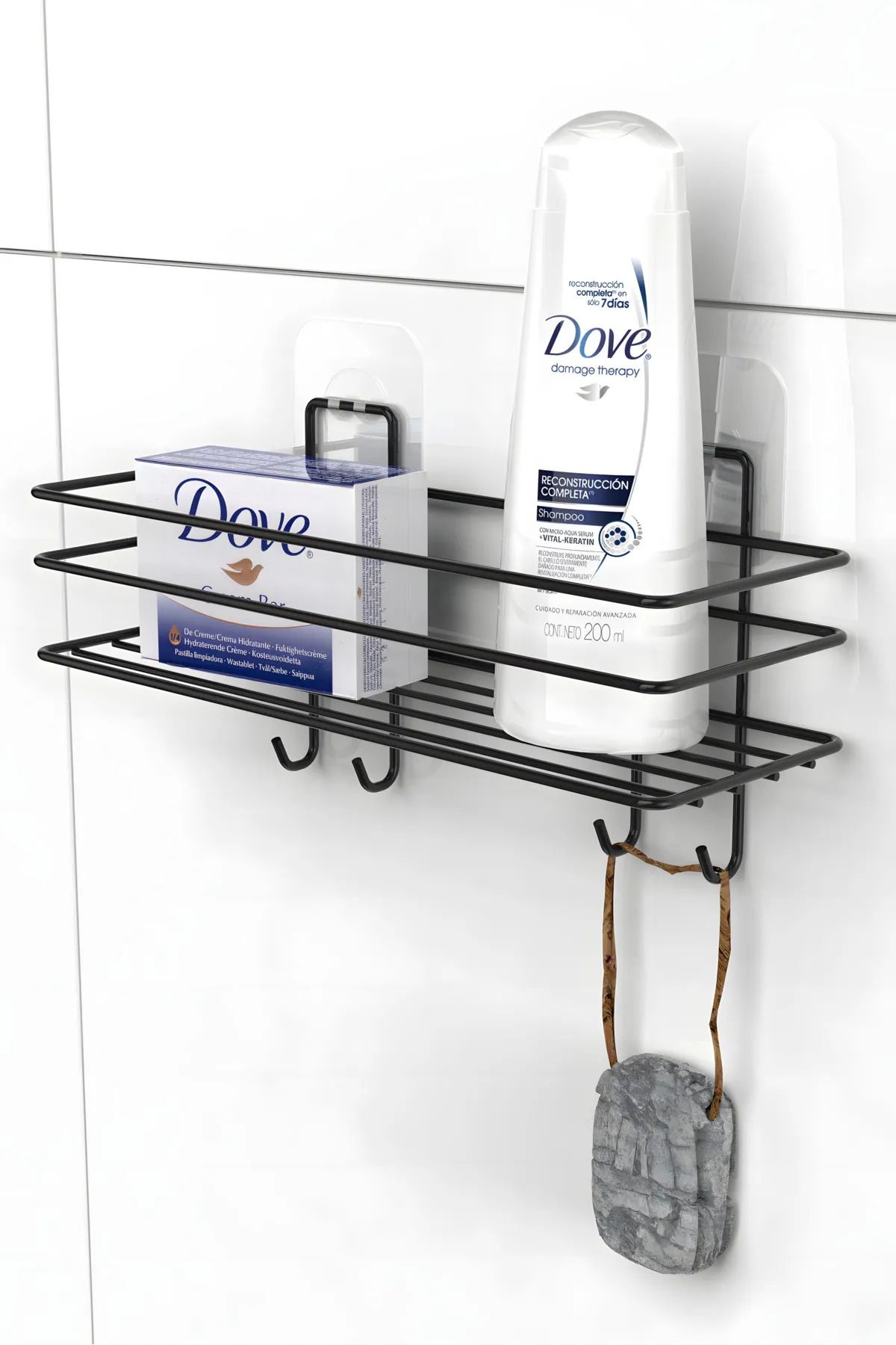 Siyah Yapışkanlı Kancalı Banyo ve Mutfak Rafı Çok Amaçlı Tekli Raf