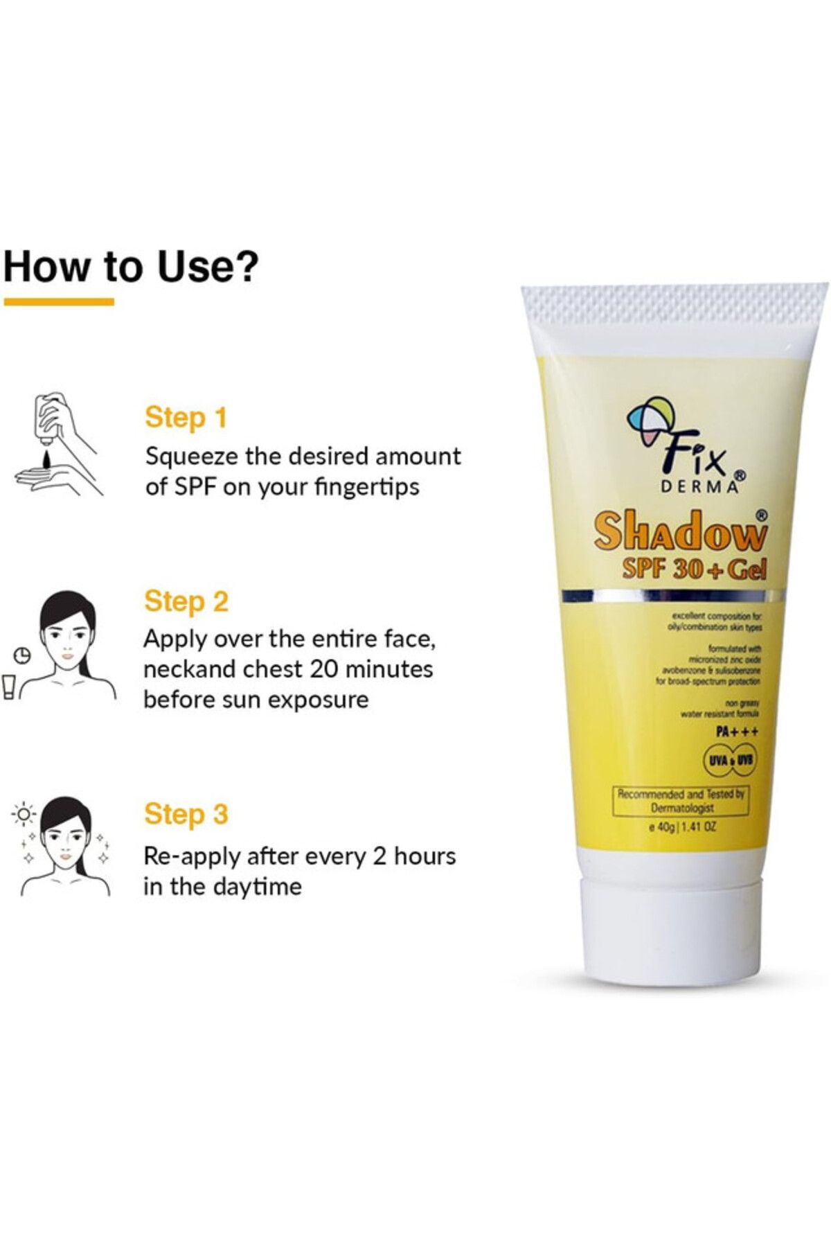 FixDerma-Shadow SPF 30 Sunscreen, Oily Skin, Broad Spectrum UVA/UVB, Non-Greasy, Water-Resistant, 40g 4