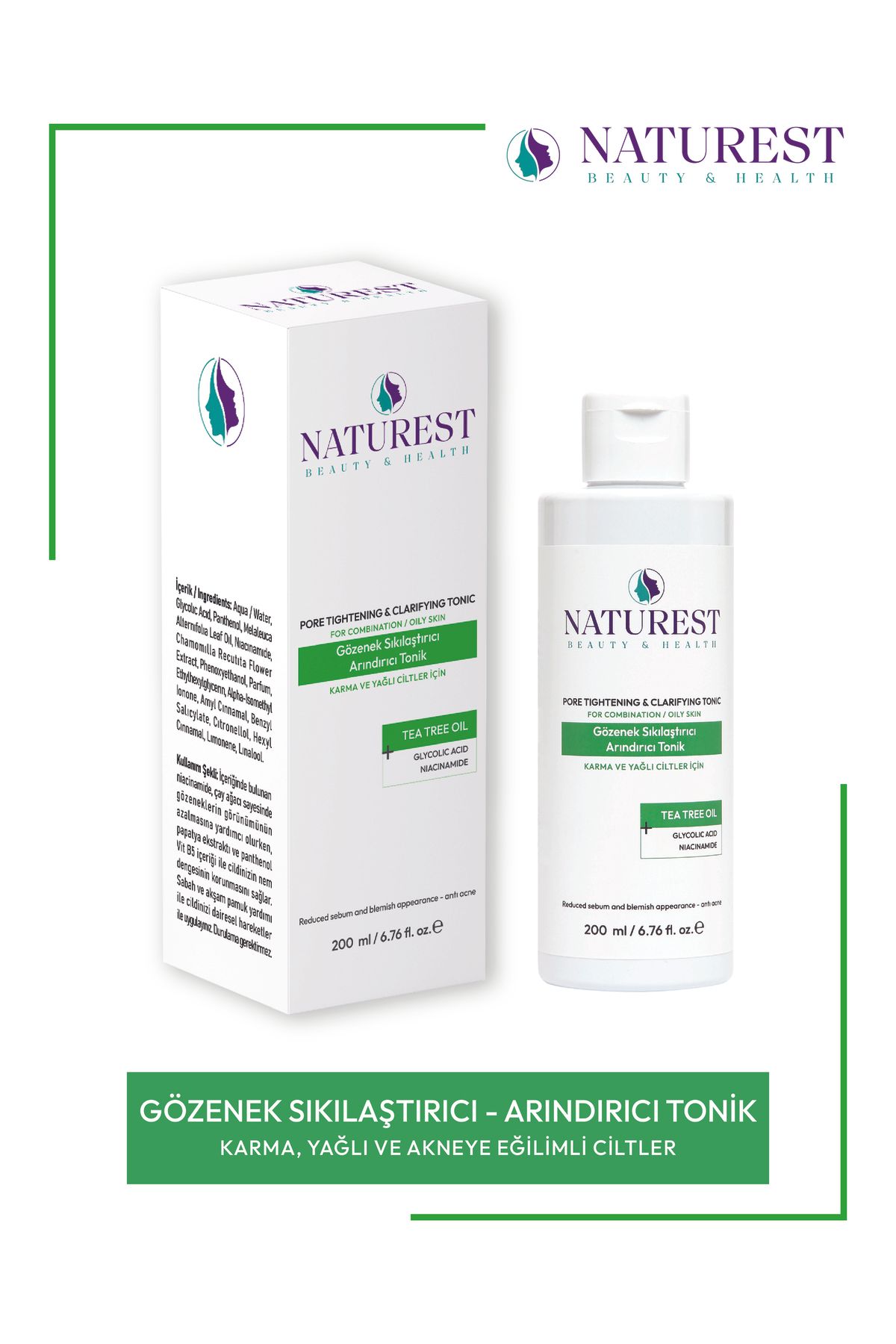 NATUREST BEAUTY & HEALTH | Çay Ağacı | Ve Siyah Nokta Karşıtı Gözenek Sıkılaştırıcı Arındırıcı Tonik 200 ml