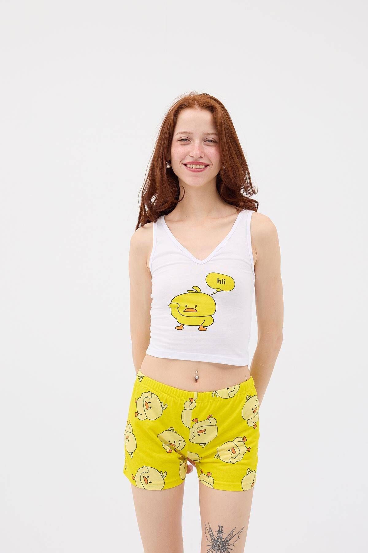 Addax-Chick Printed Pajama Set - with Shorts, Ş070-T5 4