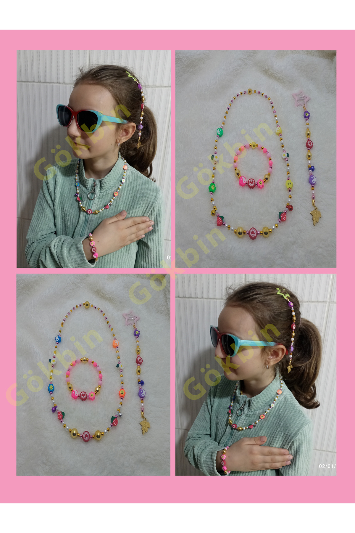 Gökbin Kız Çocuk Fimo Boncuk Kalp Gülenyüz Sonsuzluk Çilek Incili Kolye Bileklik Set Takı Saç Toka Set