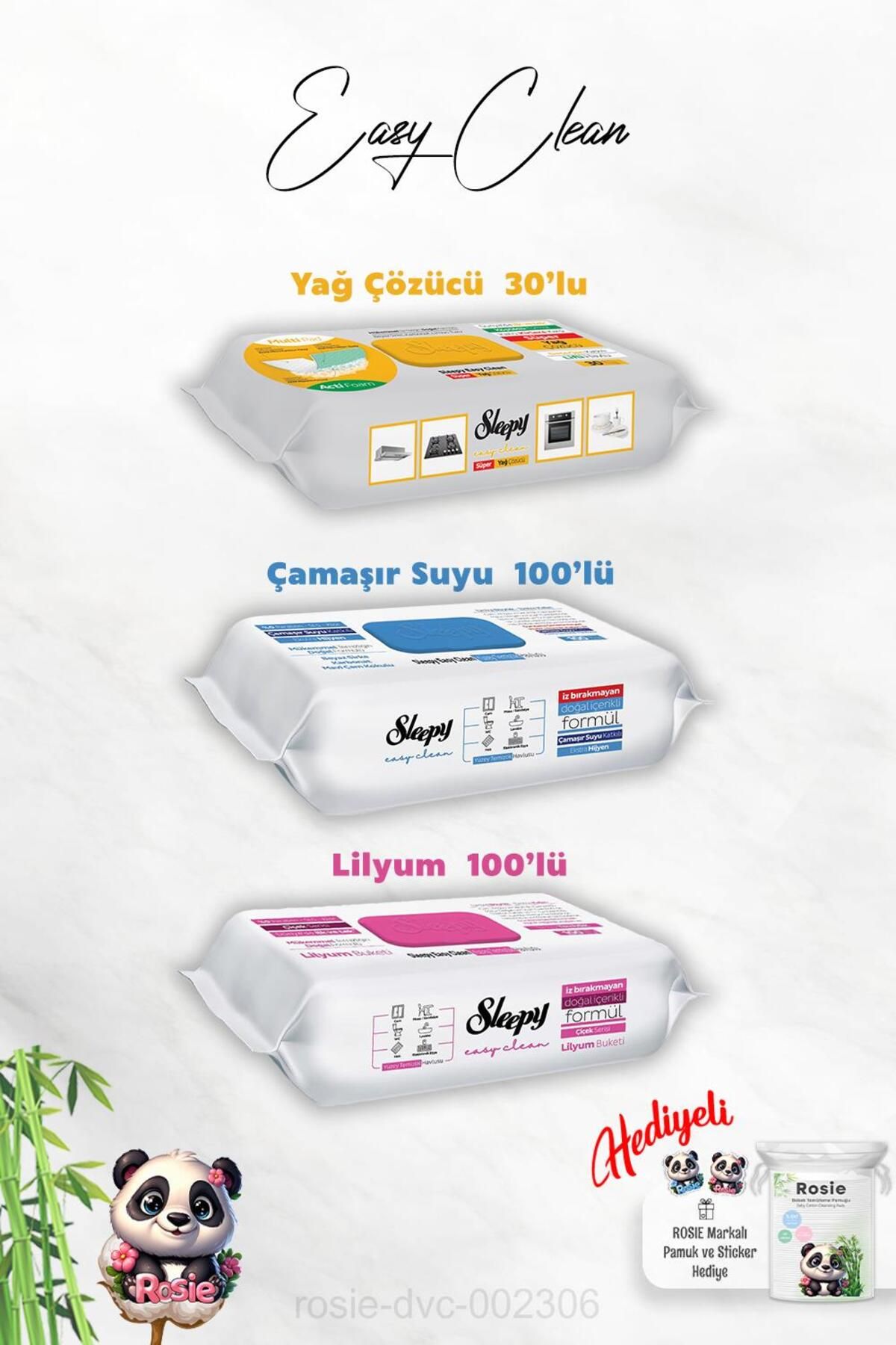 Sleepy Yağ Çözücü 30'lu, 100'lü Easy Clean Lilyum ve Çamaşır Suyu Katkılı Temizlik Havlusu ve Rosie Hediye