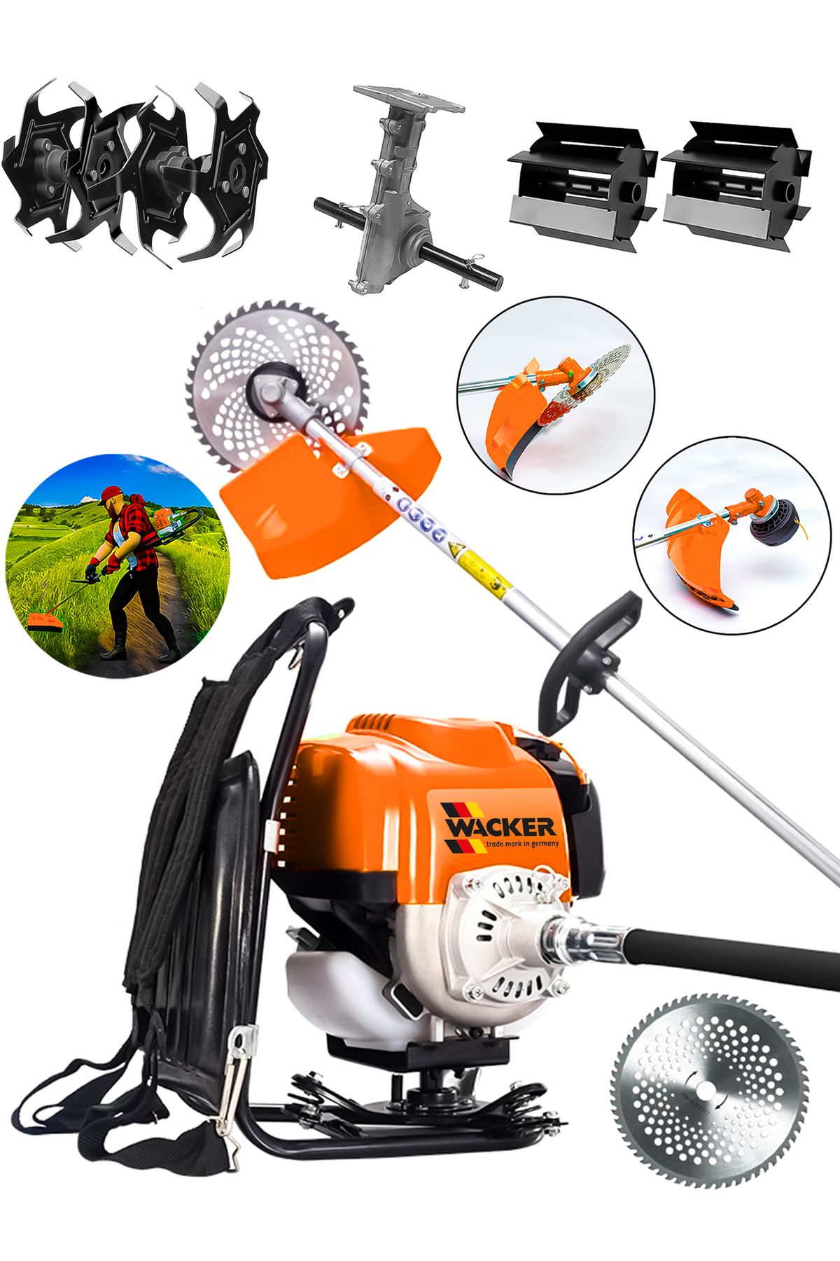 Wacker Pro Alman W-9000 STC Motor Sırt Tipi Tırpan + Toprak Eşeleme + Akrobat Çapa Aparatı