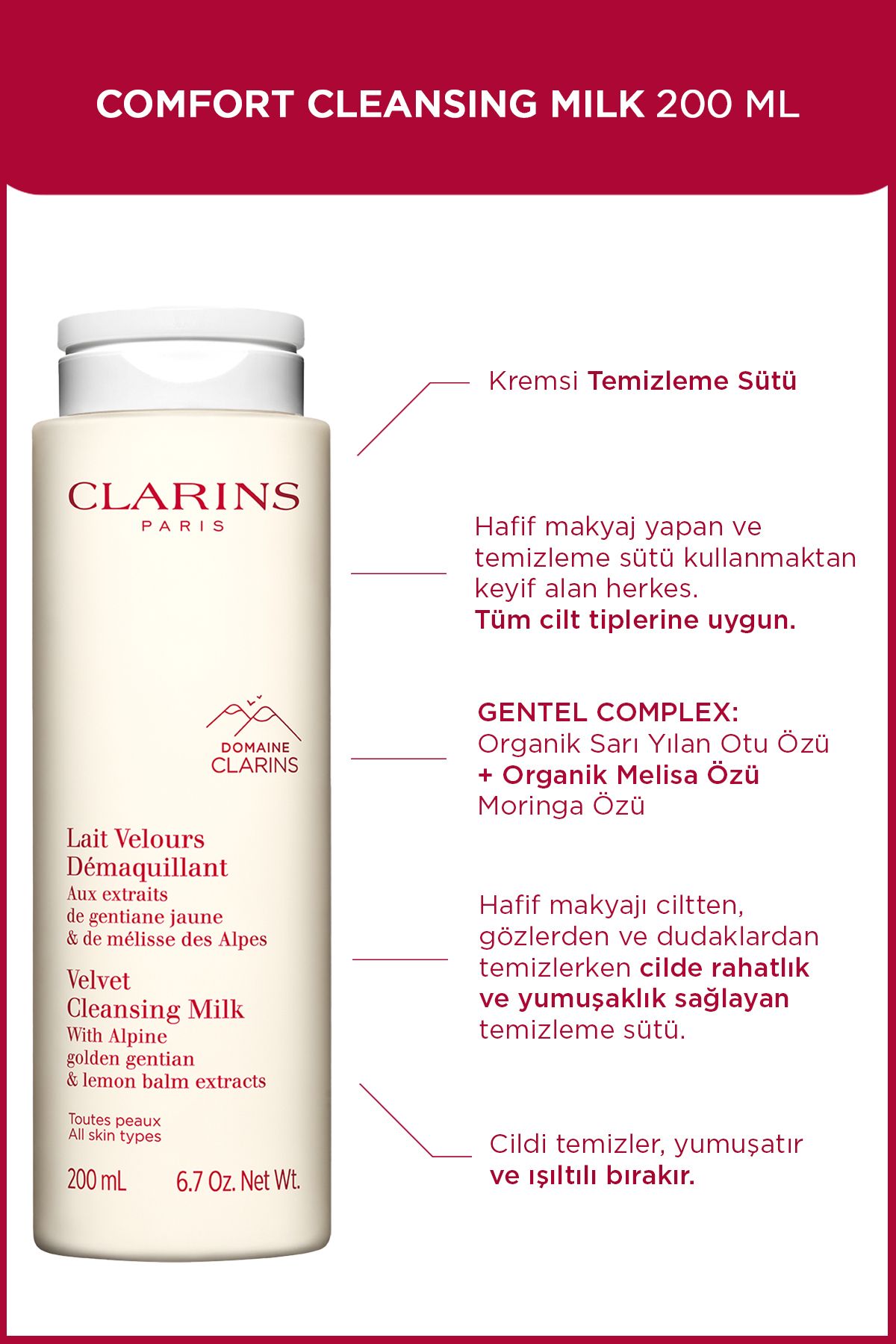 Clarins Organik Melisa Özü İçeren Yumuşaklık Kazandıran Makyaj Temizleme Sütü 200 ml