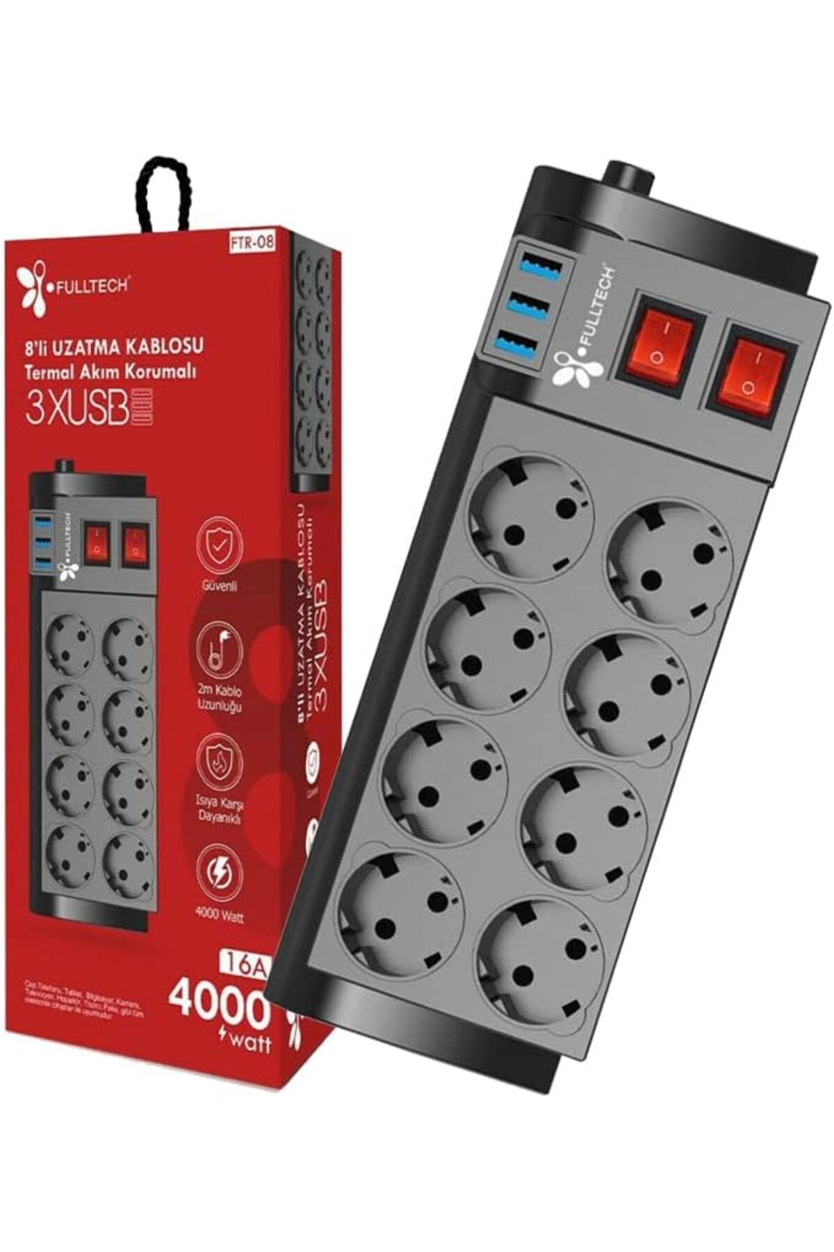 STOREMAX mrttnca Akım Korumalı 8'li Grup Priz, Isıya Karşı Dayanıklı, 8 x Priz - 3 x USB - 2 Metre Kab
