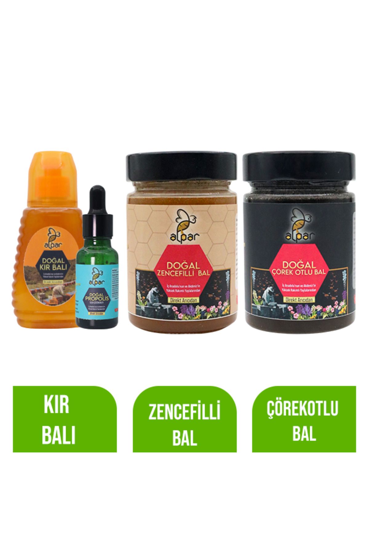 ALPARBALL Alpar Bal Doğal Kır Balı 300gr - Propolis 20cc - Zencefilli Bal 450 gr - Çörekotlu Bal 450gr