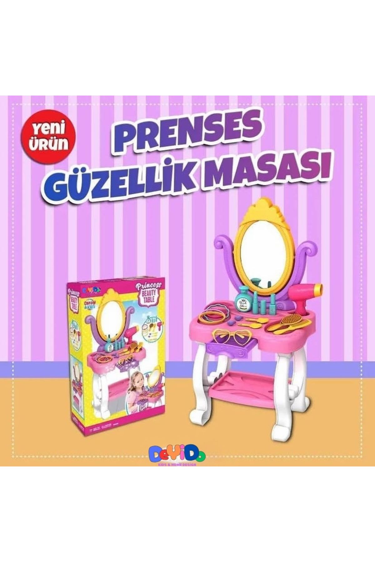 DeYiDo Prenses Güzellik Masası Aynalı Ayaklı Kuaför Oyuncak Seti Barbie Eğlenceli Evcilik Setleri 15 Parça