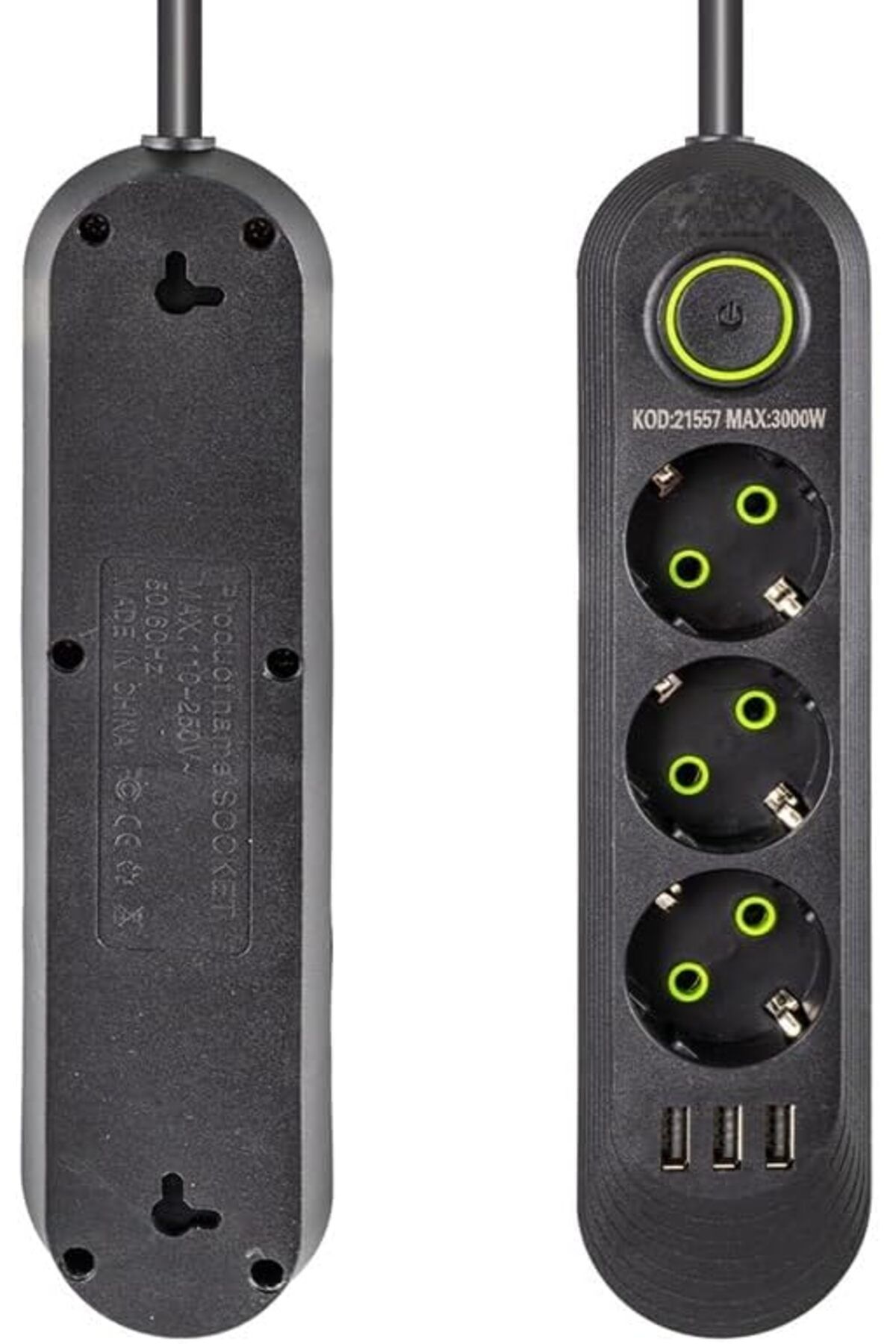 STOREMAX-Megobine Current Protected Group Socket, 3 Socket, 1.5 Meter Cable, 3 USB 3000W, 16 Ampere, Cable 2