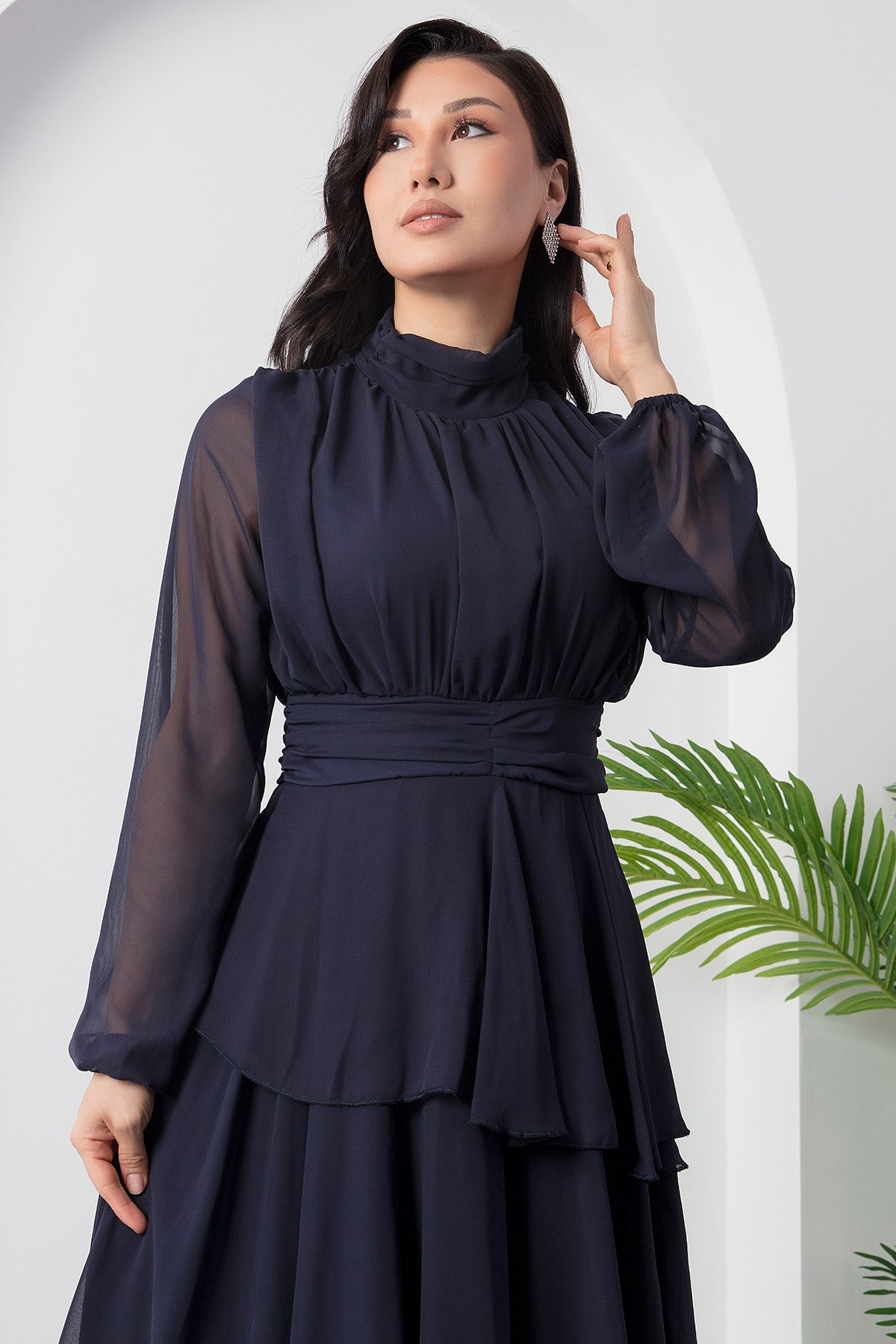 PULLIMM-Stand Collar Long Sleeve Flounce Chiffon Dress Dks1010 2