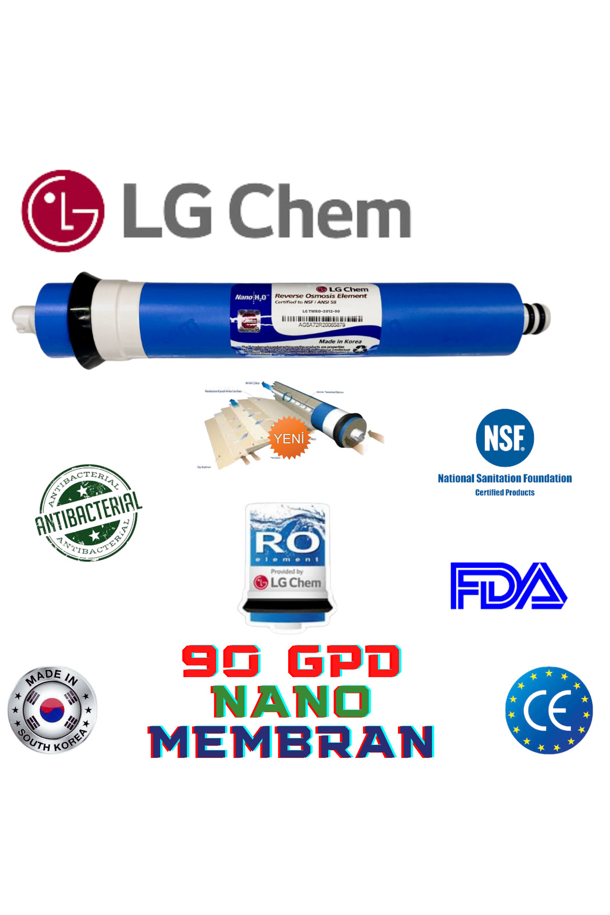 LG Chem 90 Gpd Nano Membran Tüm Ters Ozmoz Su Arıtma Cihazları Için.