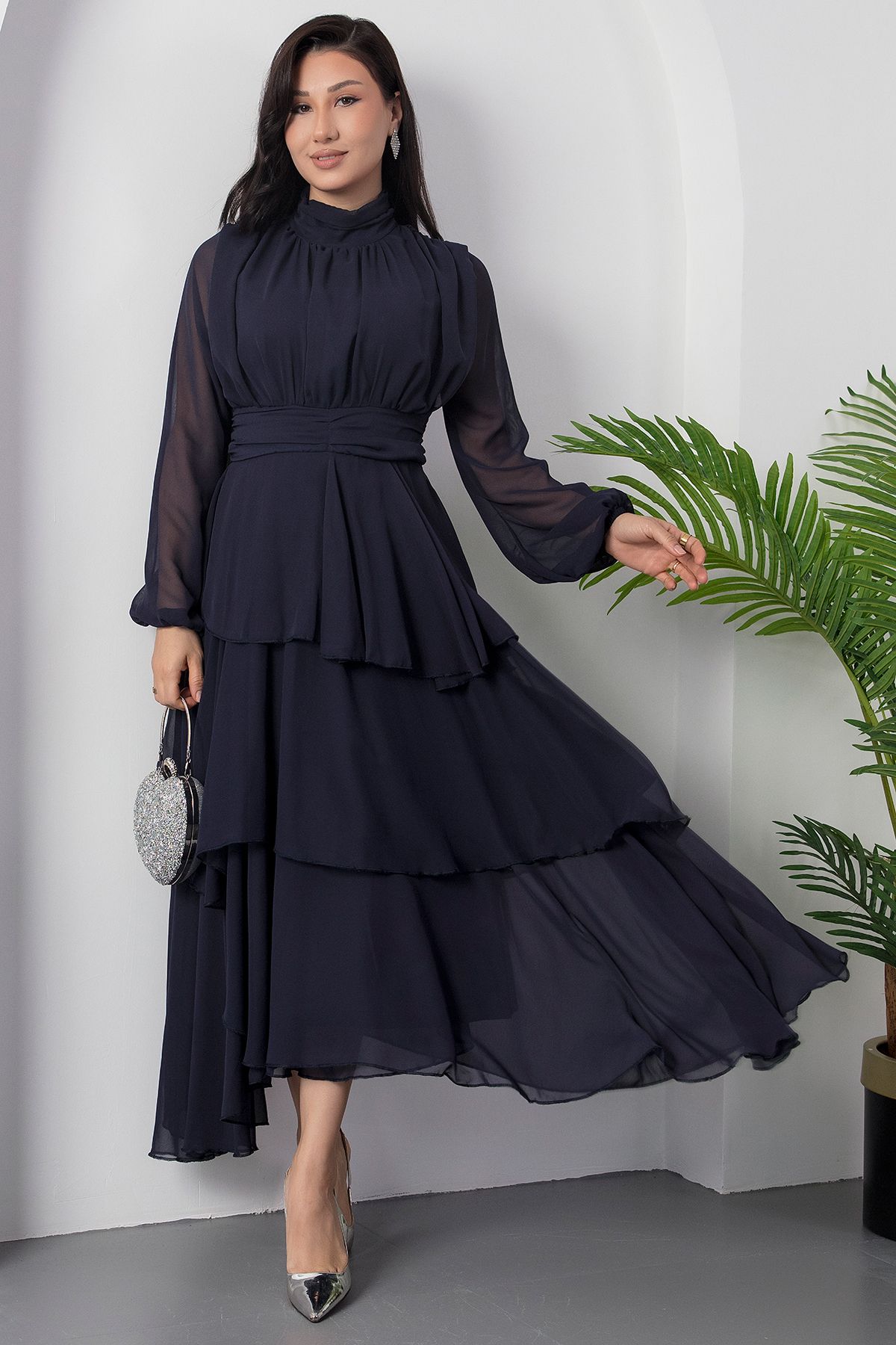 PULLIMM-Stand Collar Long Sleeve Flounce Chiffon Dress Dks1010 6