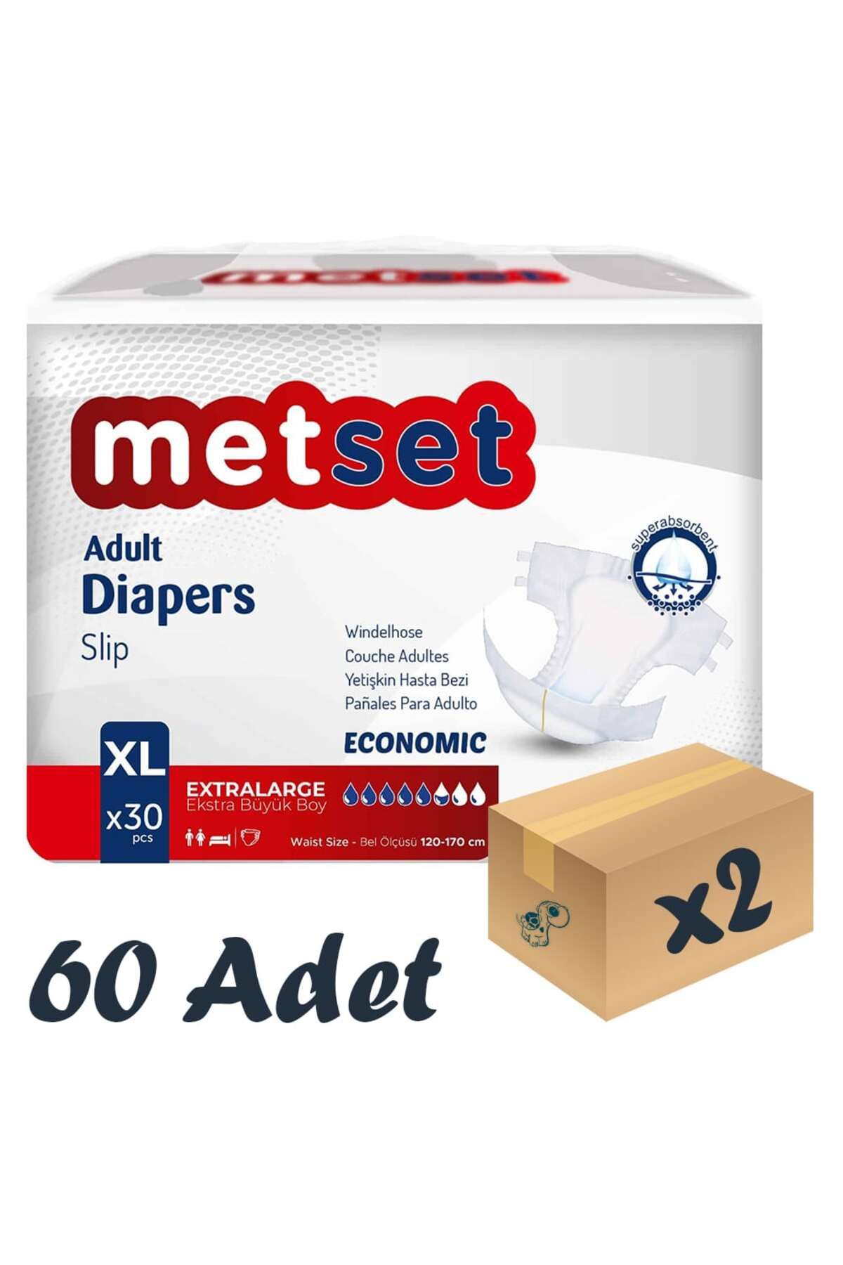 Metset Ekonomik Bel Bantlı Yetişkin Hasta Bezi 5,5 Damla XLarge En Büyük Boy 30'lu 2 Paket 60 Adet