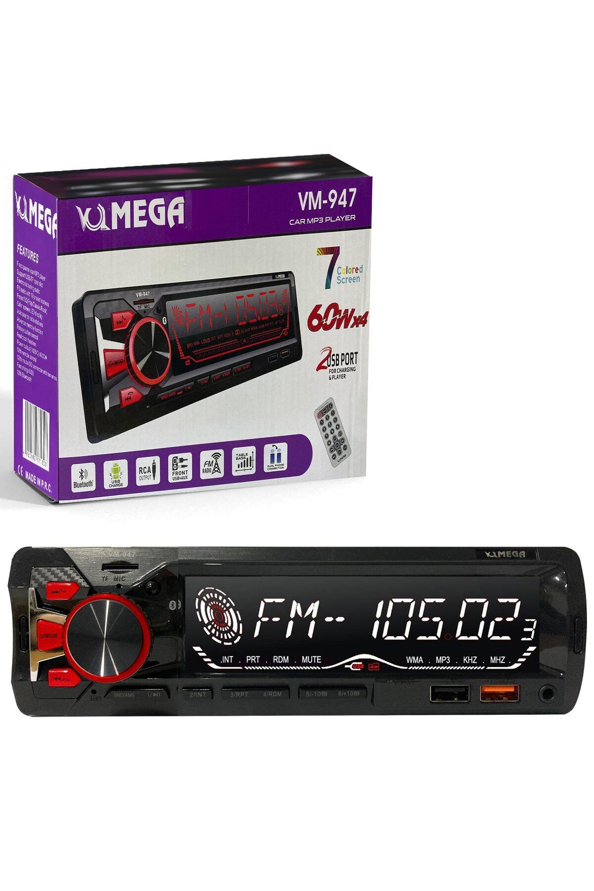 MEGA 4X60 Watt 7 Renkli  Büyük Ekran 2xUsb Sd Fm Aux Bluetooth Oto Teyp MEGA VM-947